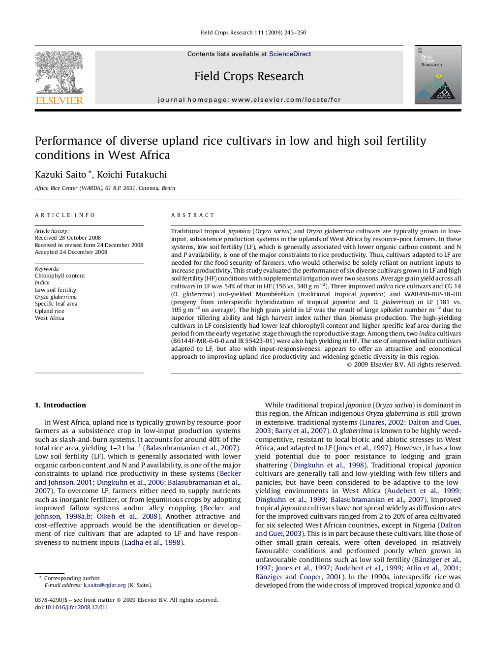 Performance of diverse upland rice cultivars in low and high soil fertility conditions in West Africa