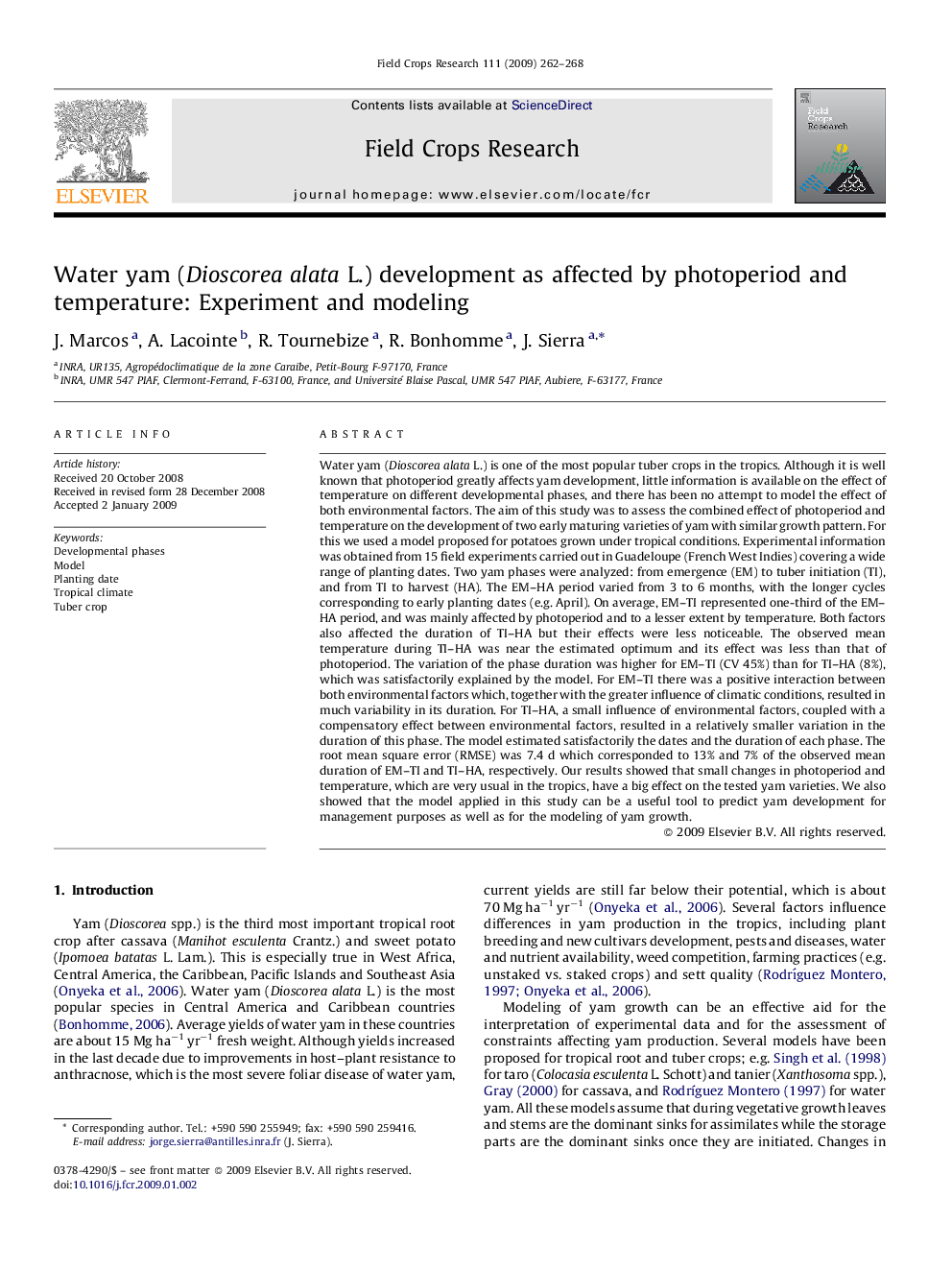 Water yam (Dioscorea alata L.) development as affected by photoperiod and temperature: Experiment and modeling