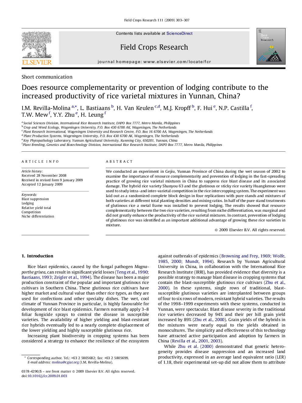 Does resource complementarity or prevention of lodging contribute to the increased productivity of rice varietal mixtures in Yunnan, China?