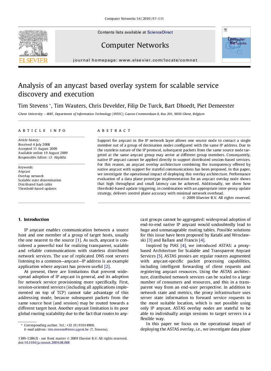 Analysis of an anycast based overlay system for scalable service discovery and execution