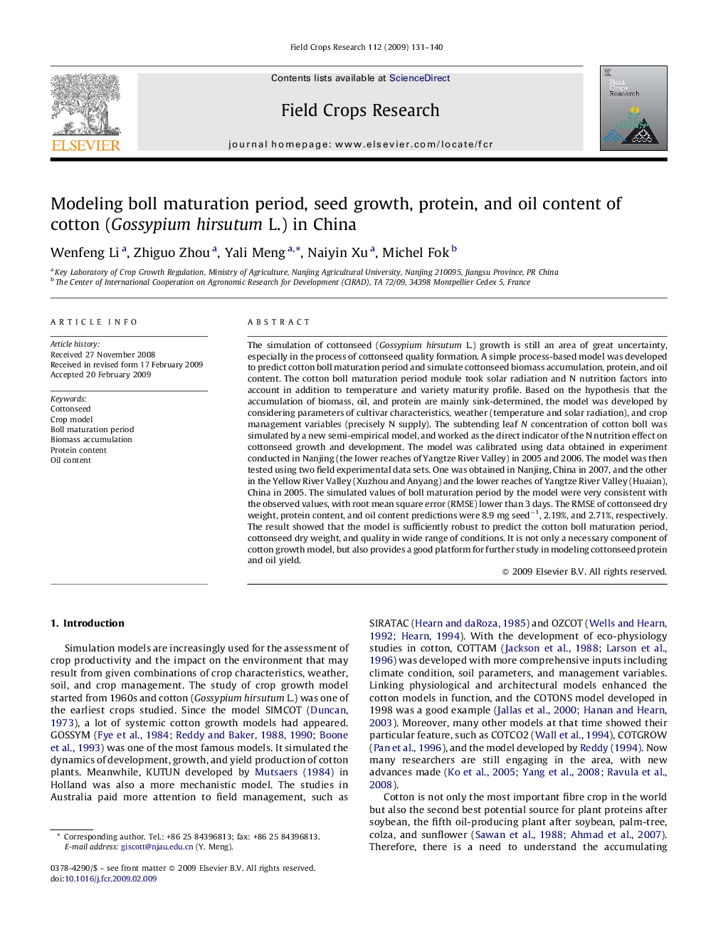 Modeling boll maturation period, seed growth, protein, and oil content of cotton (Gossypium hirsutum L.) in China