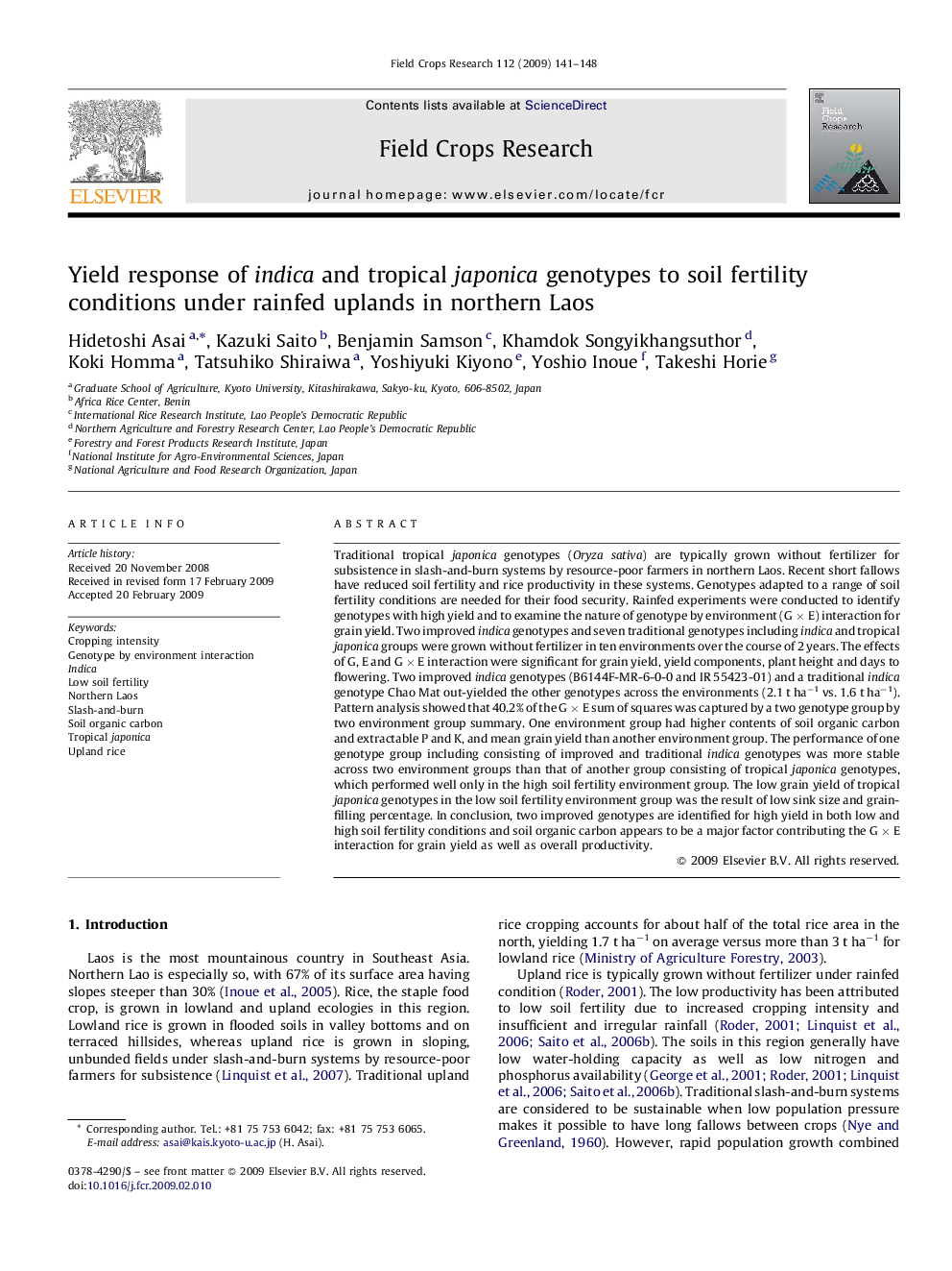 Yield response of indica and tropical japonica genotypes to soil fertility conditions under rainfed uplands in northern Laos