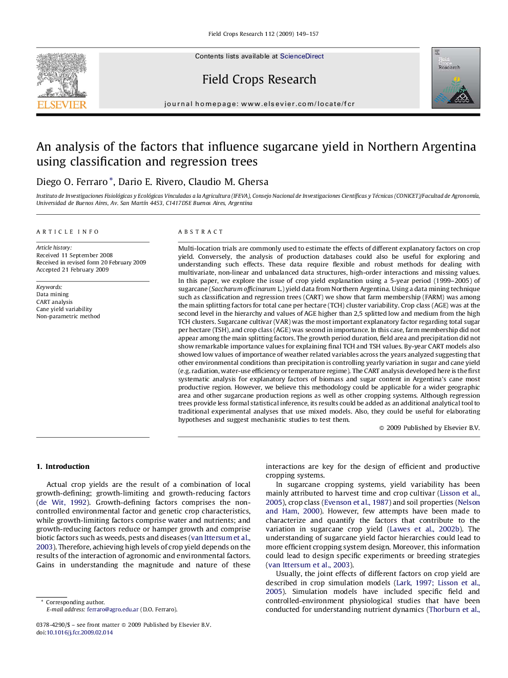 An analysis of the factors that influence sugarcane yield in Northern Argentina using classification and regression trees