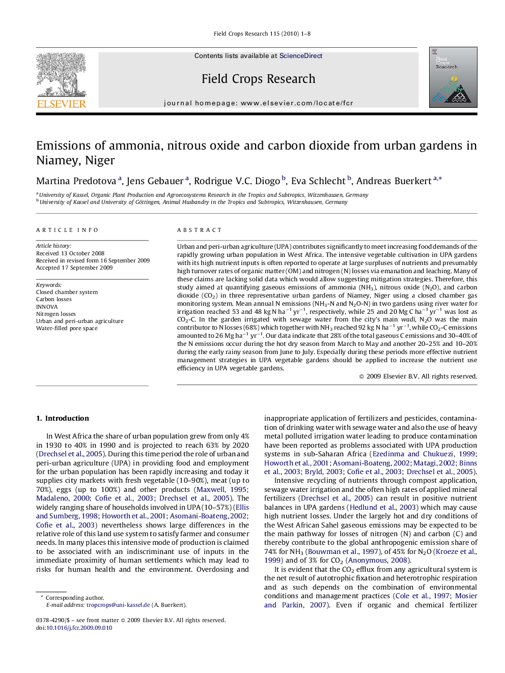 Emissions of ammonia, nitrous oxide and carbon dioxide from urban gardens in Niamey, Niger