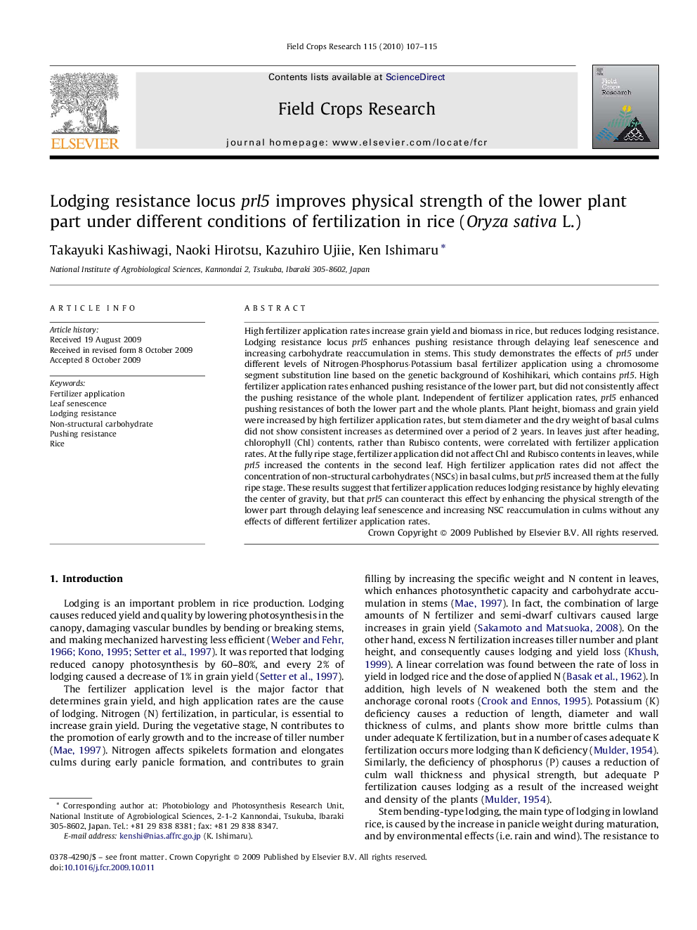 Lodging resistance locus prl5 improves physical strength of the lower plant part under different conditions of fertilization in rice (Oryza sativa L.)