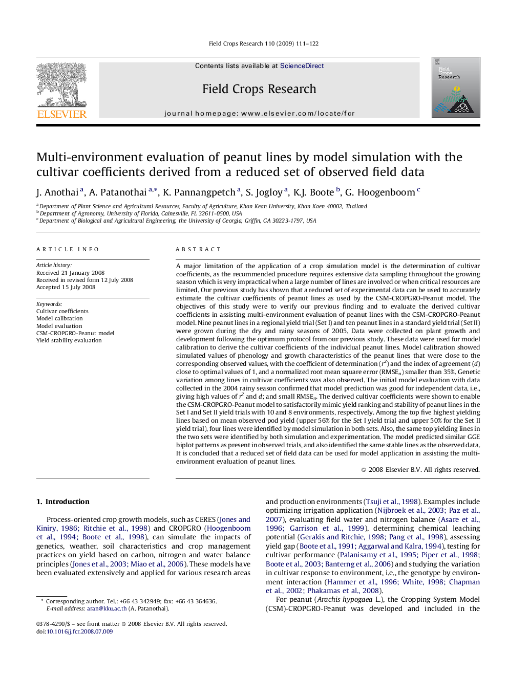 Multi-environment evaluation of peanut lines by model simulation with the cultivar coefficients derived from a reduced set of observed field data