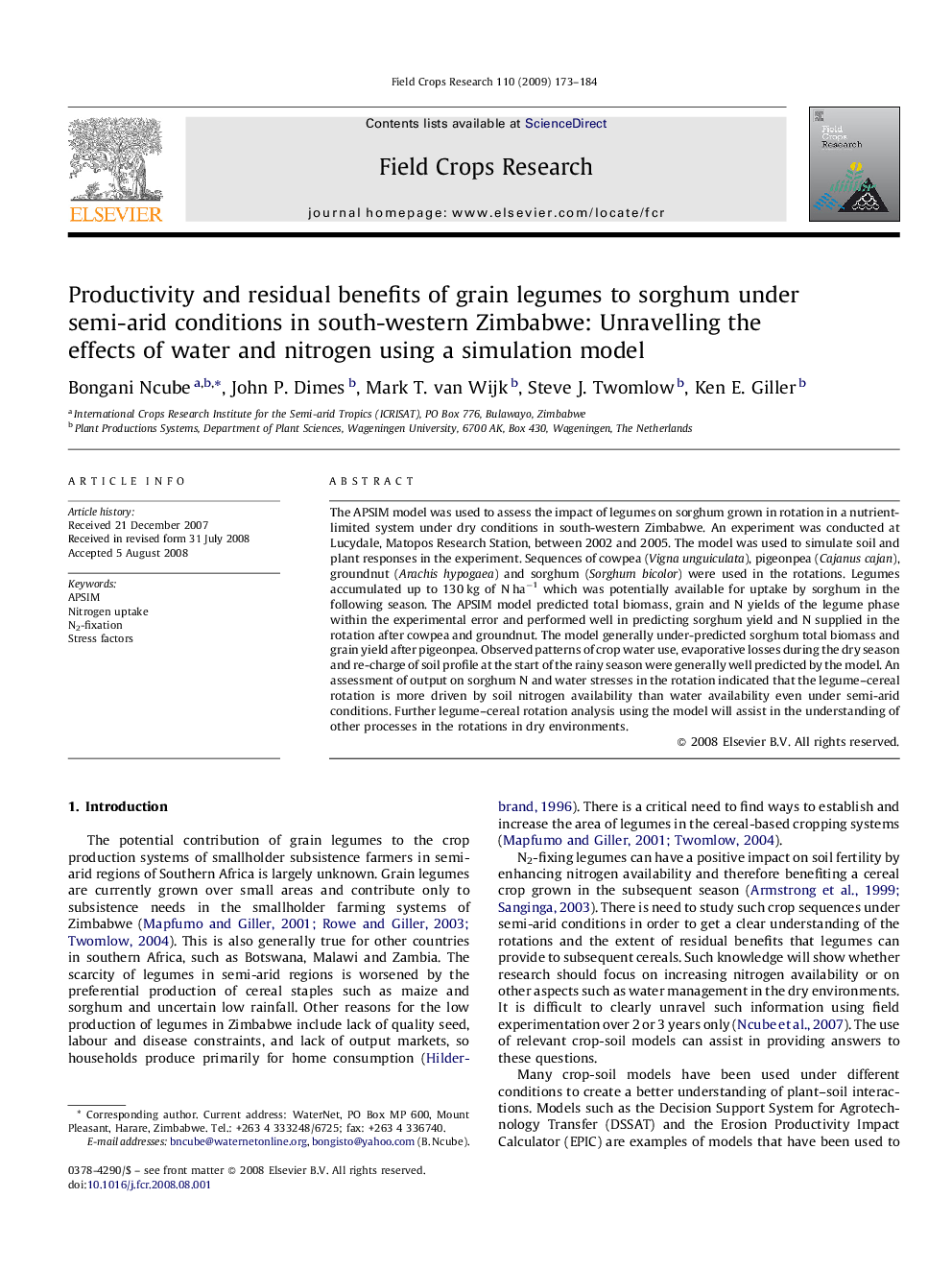 Productivity and residual benefits of grain legumes to sorghum under semi-arid conditions in south-western Zimbabwe: Unravelling the effects of water and nitrogen using a simulation model