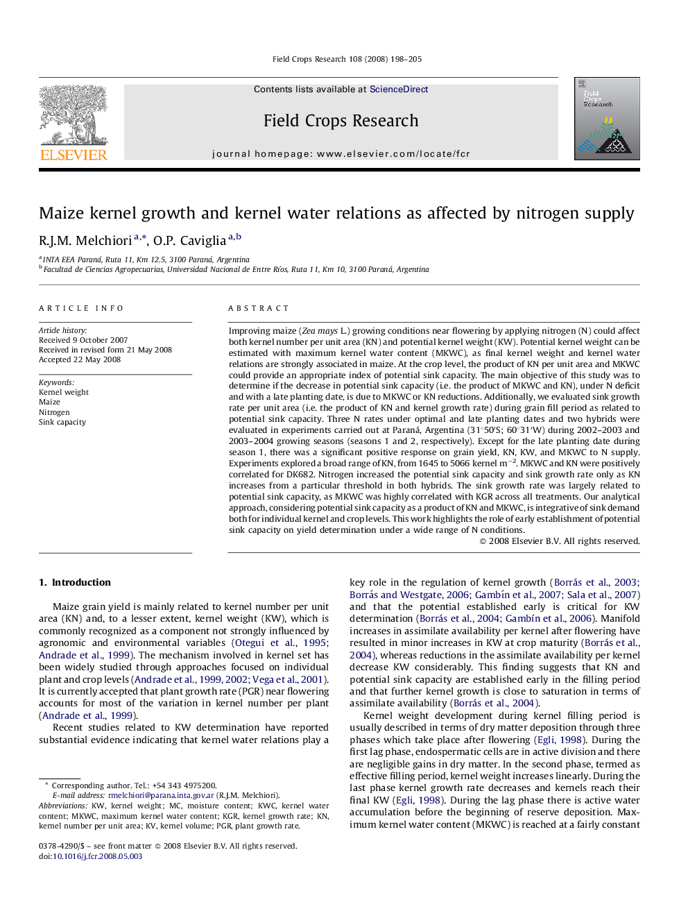 Maize kernel growth and kernel water relations as affected by nitrogen supply