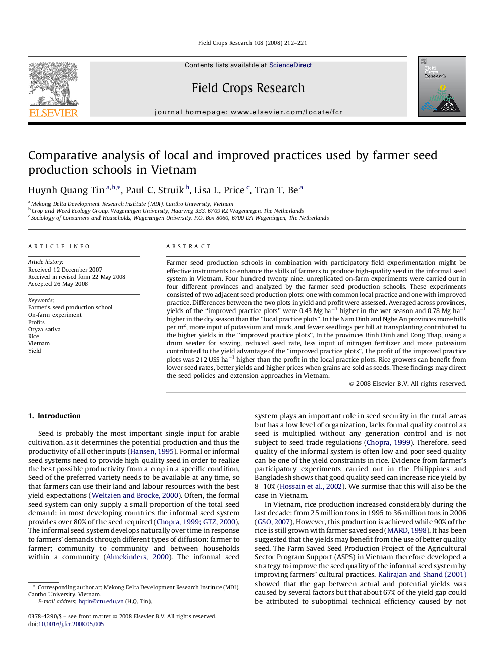 Comparative analysis of local and improved practices used by farmer seed production schools in Vietnam