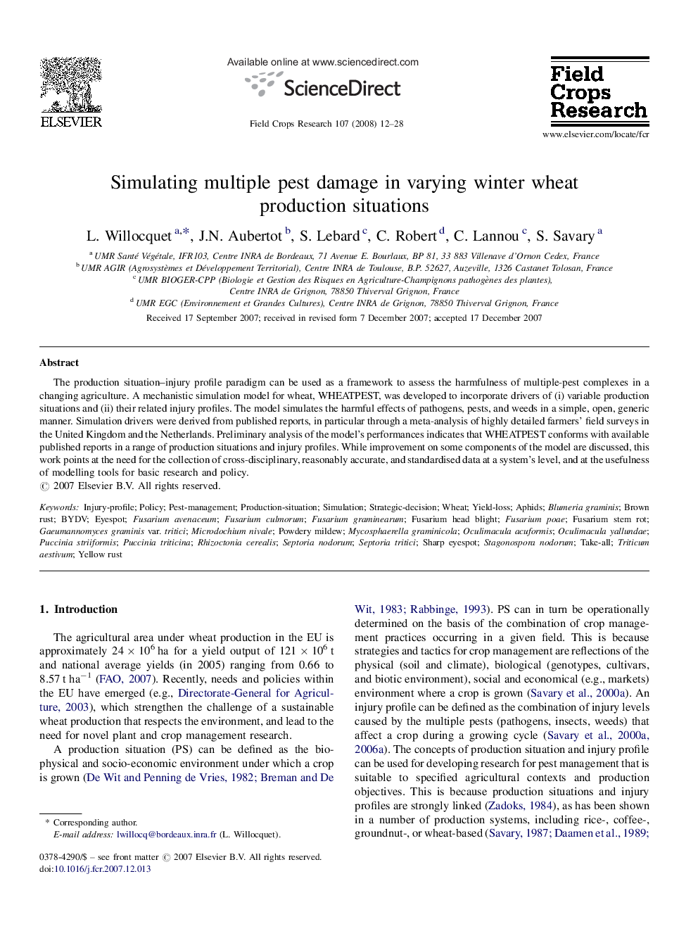 Simulating multiple pest damage in varying winter wheat production situations