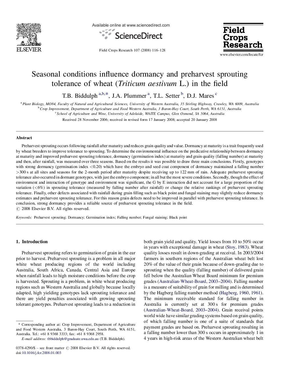 عکس صفحه اول مقاله: Seasonal conditions influence dormancy and preharvest sprouting tolerance of wheat (Triticum aestivum L.) in the field Seasonal conditions influence dormancy and preharvest sprouting tolerance of wheat (Triticum aestivum L.) in the field