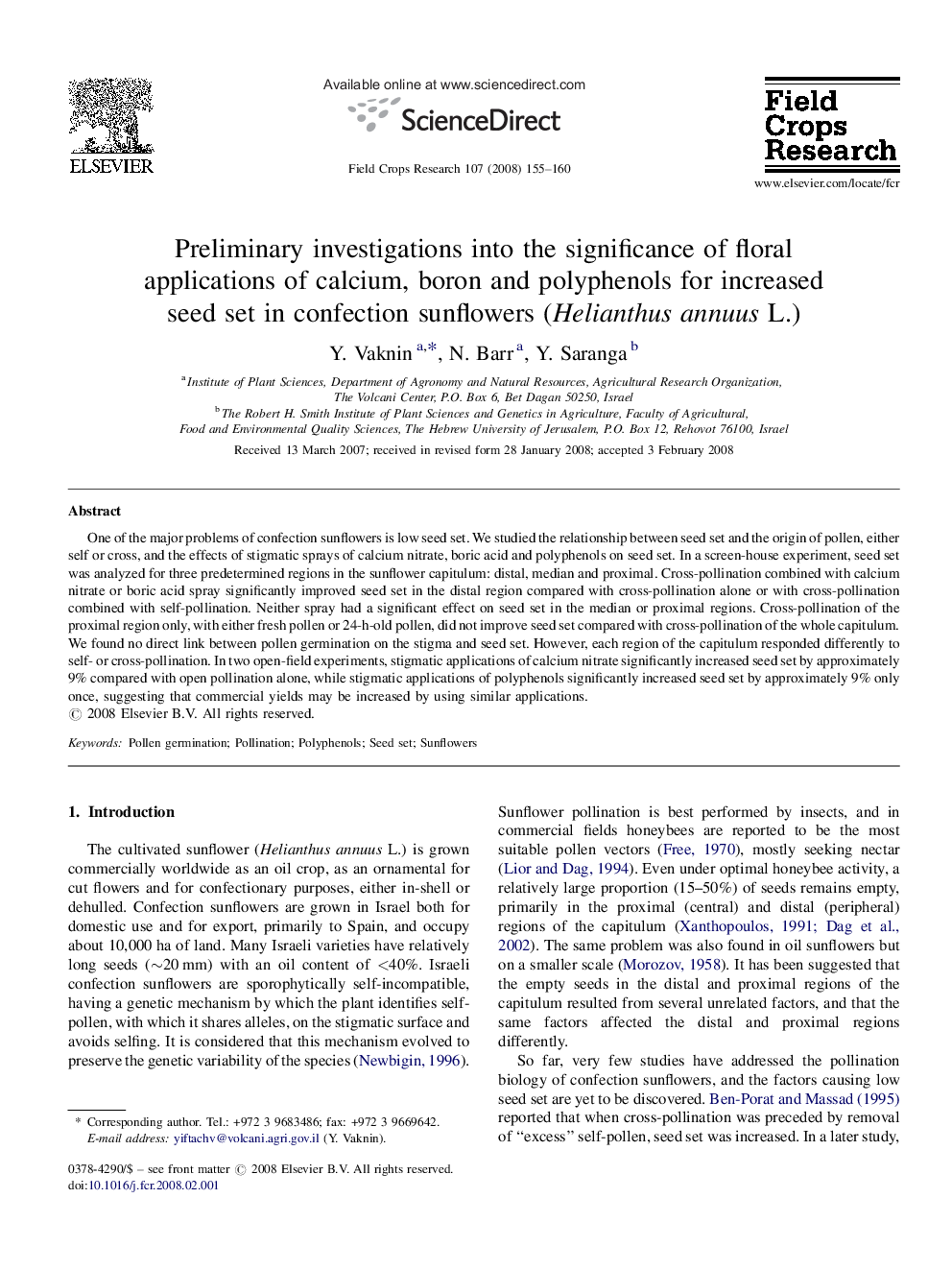 Preliminary investigations into the significance of floral applications of calcium, boron and polyphenols for increased seed set in confection sunflowers (Helianthus annuus L.)