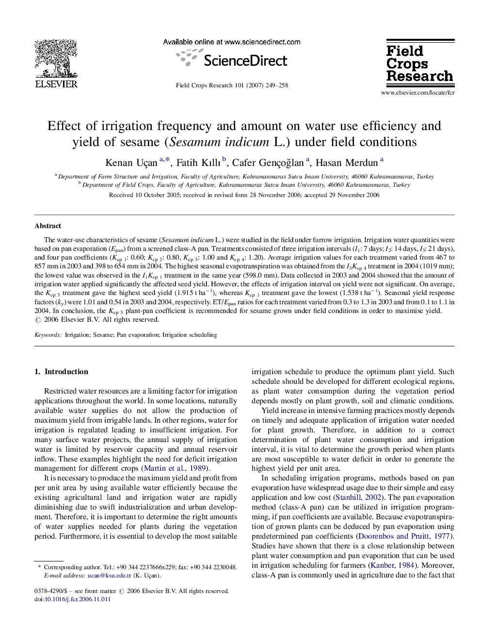 عکس صفحه اول مقاله: Effect of irrigation frequency and amount on water use efficiency and yield of sesame (Sesamum indicum L.) under field conditions Effect of irrigation frequency and amount on water use efficiency and yield of sesame (Sesamum indicum L.) under field conditions