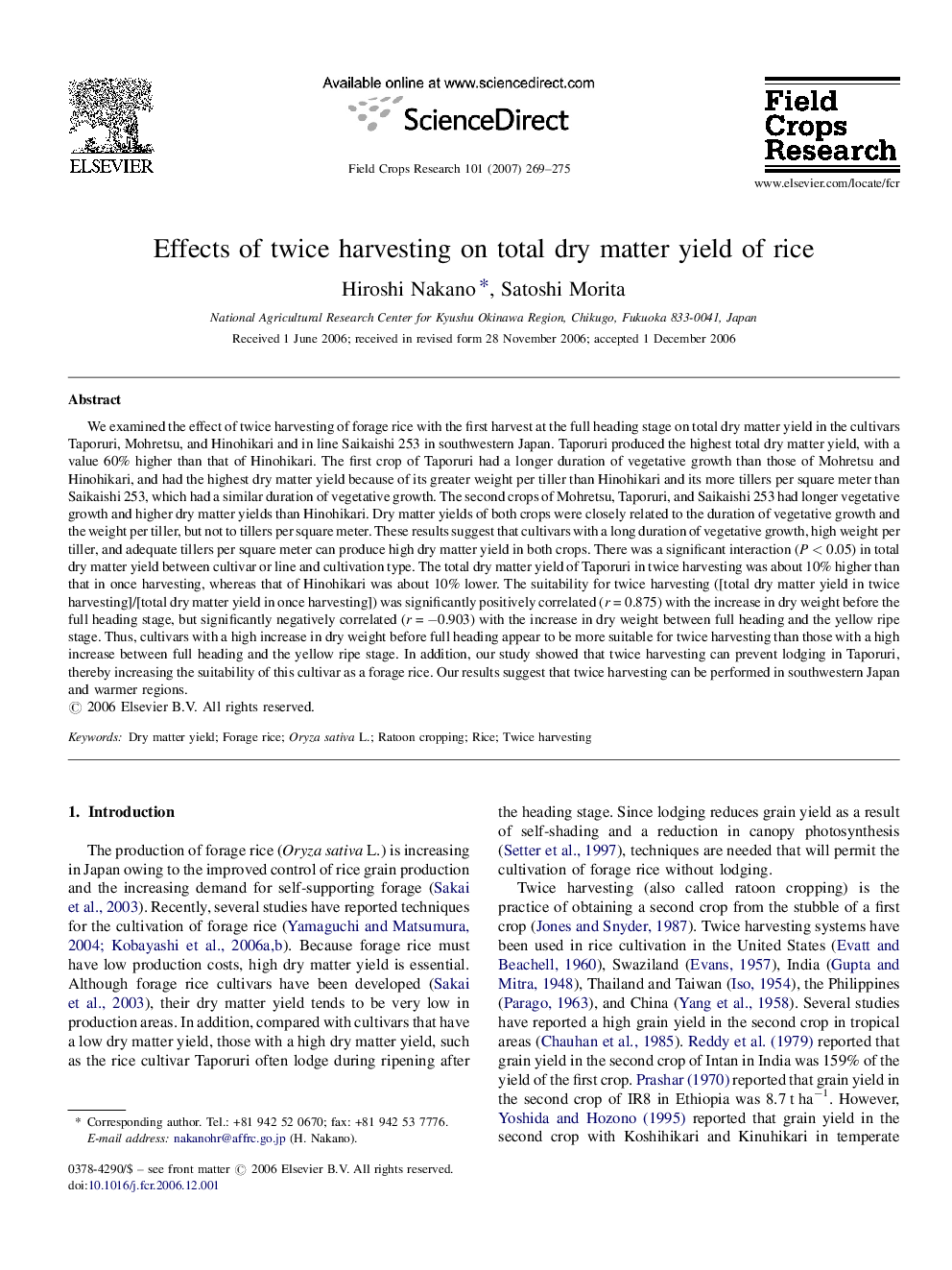 Effects of twice harvesting on total dry matter yield of rice