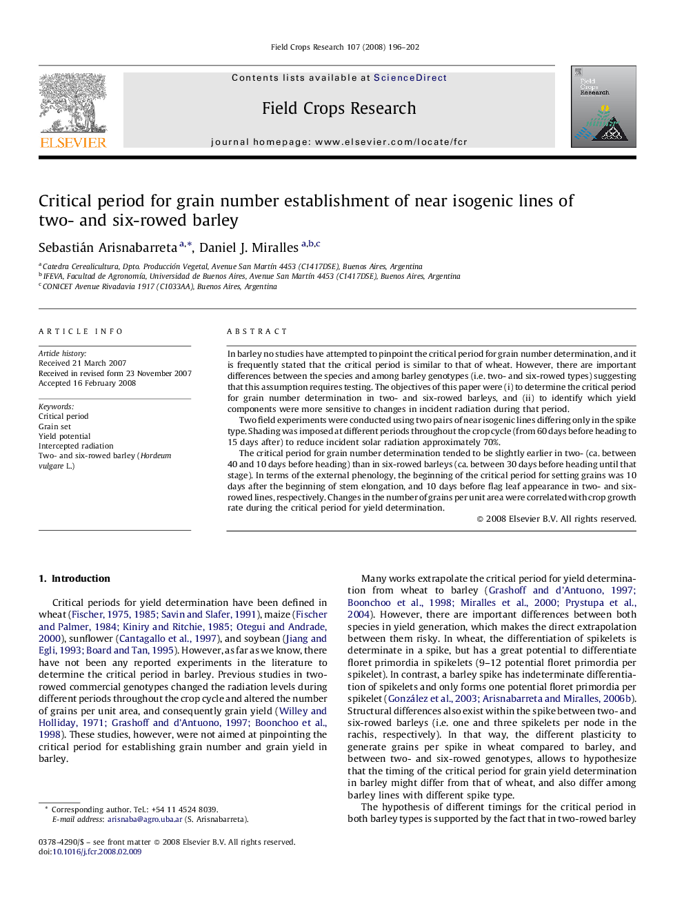 Critical period for grain number establishment of near isogenic lines of two- and six-rowed barley