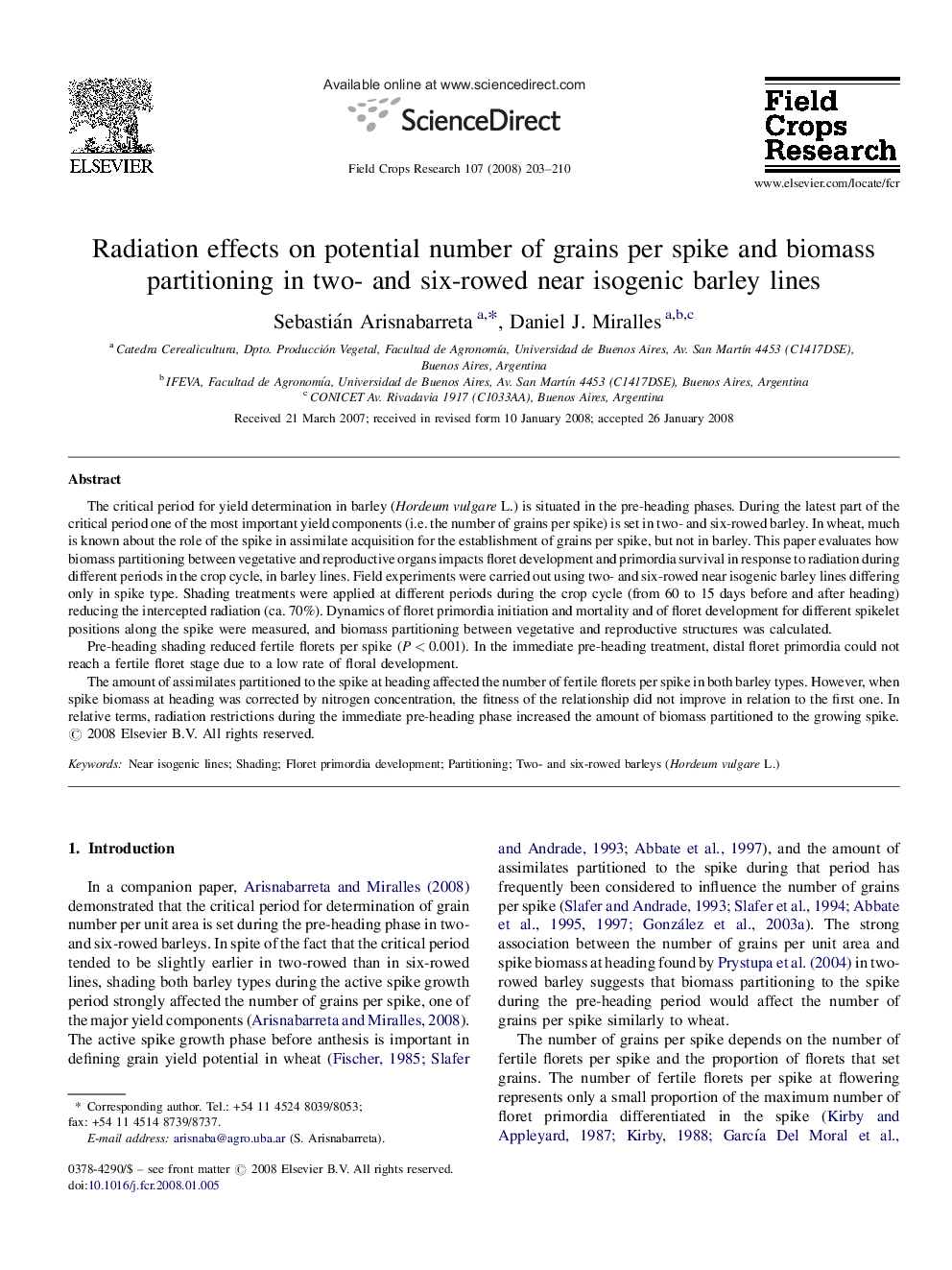 Radiation effects on potential number of grains per spike and biomass partitioning in two- and six-rowed near isogenic barley lines