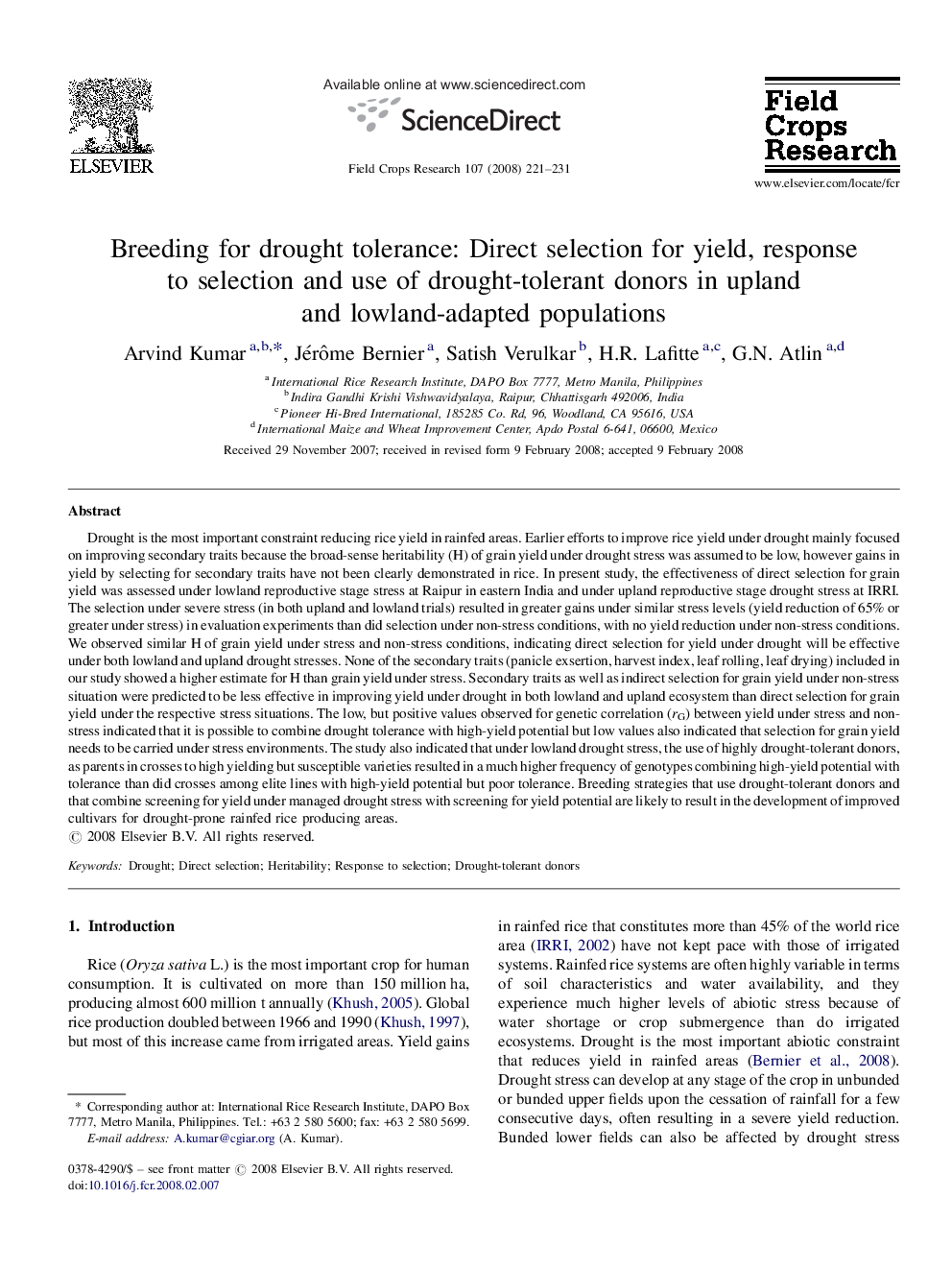 Breeding for drought tolerance: Direct selection for yield, response to selection and use of drought-tolerant donors in upland and lowland-adapted populations