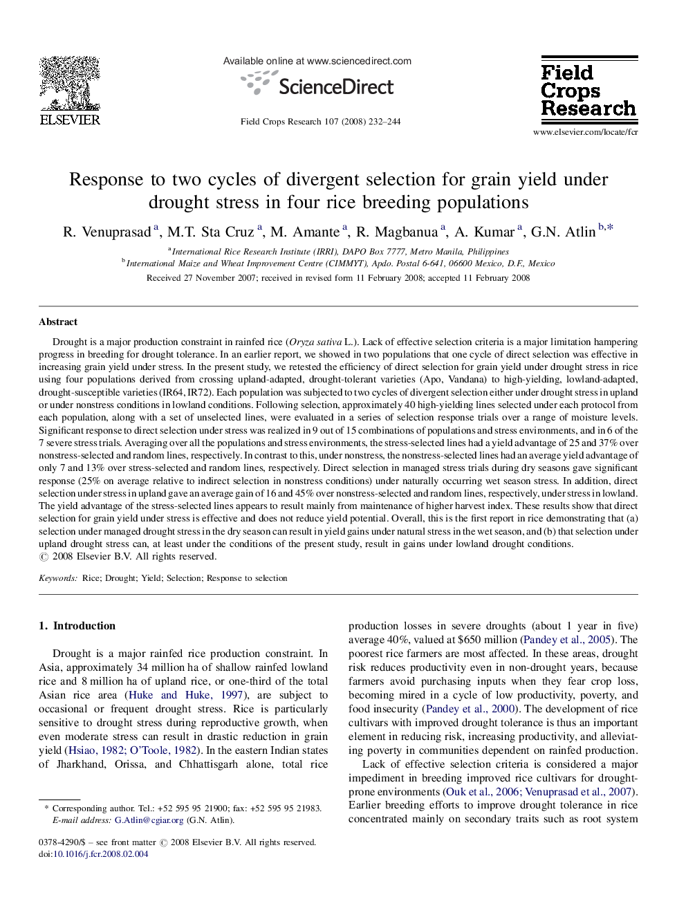 Response to two cycles of divergent selection for grain yield under drought stress in four rice breeding populations