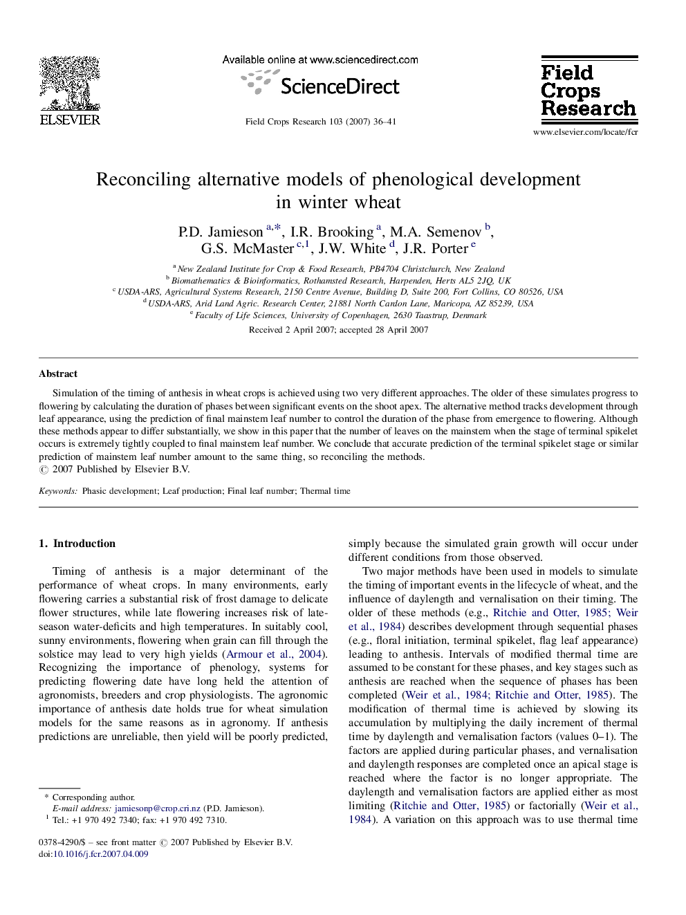 Reconciling alternative models of phenological development in winter wheat