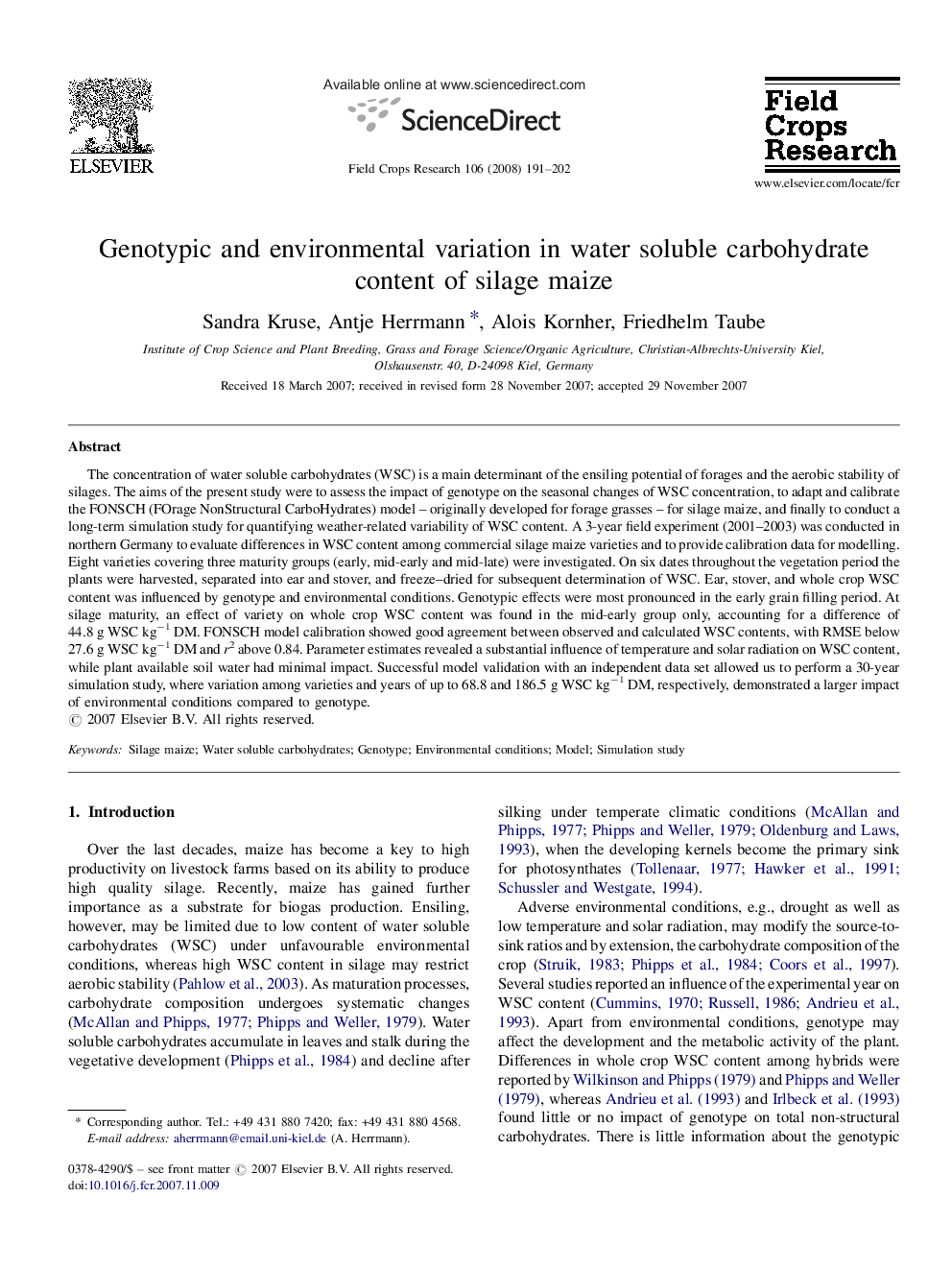 Genotypic and environmental variation in water soluble carbohydrate content of silage maize