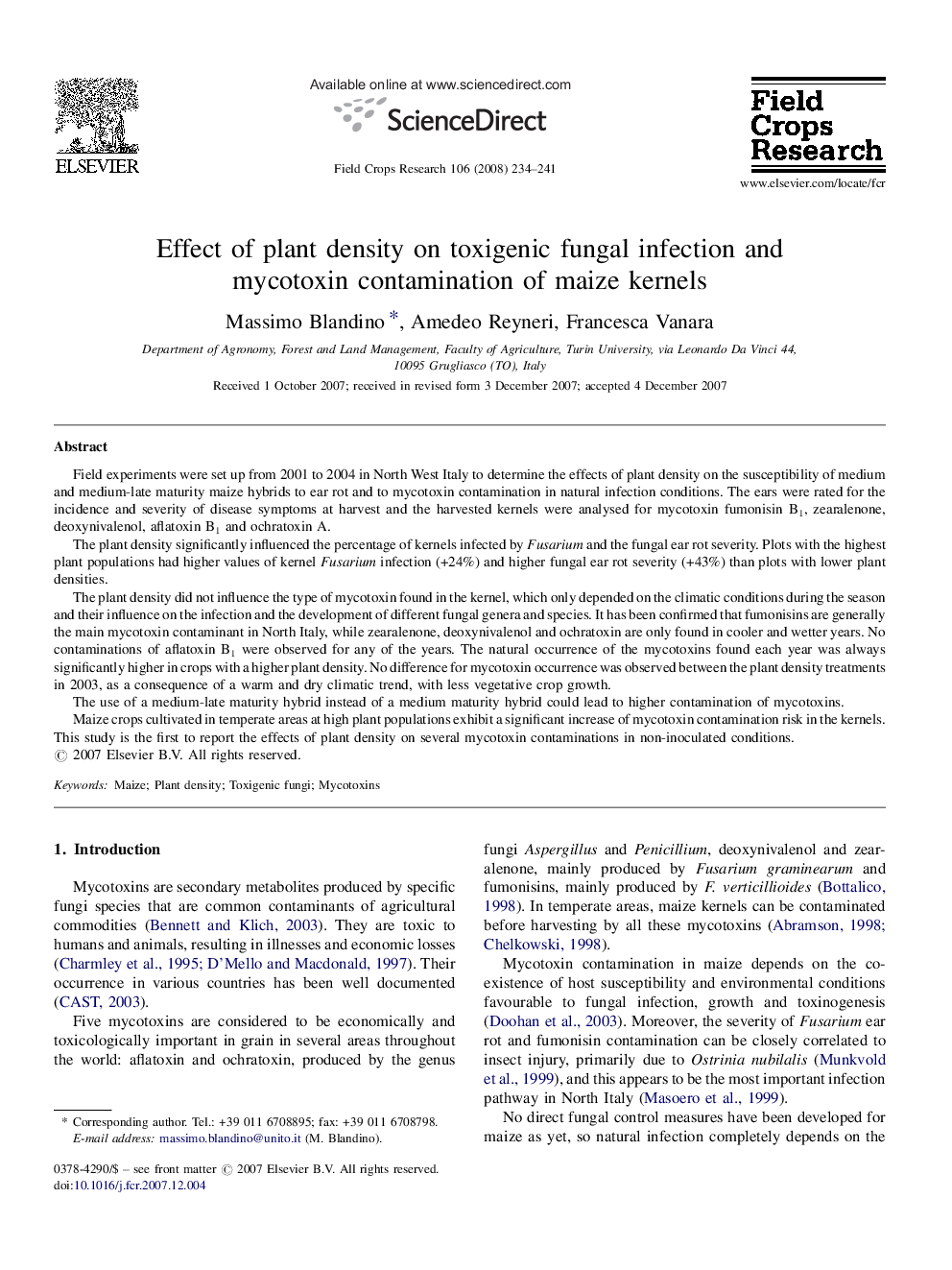 Effect of plant density on toxigenic fungal infection and mycotoxin contamination of maize kernels