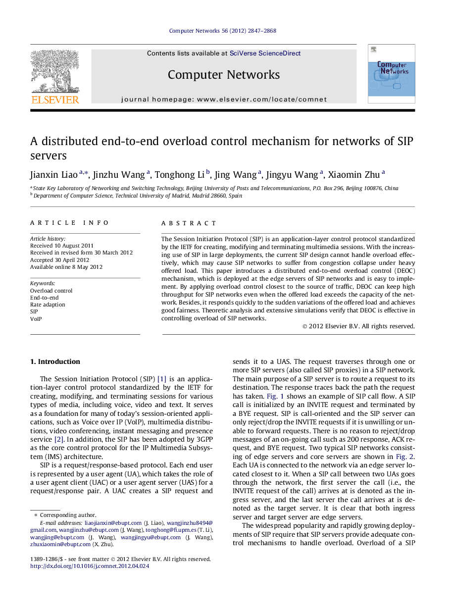 A distributed end-to-end overload control mechanism for networks of SIP servers