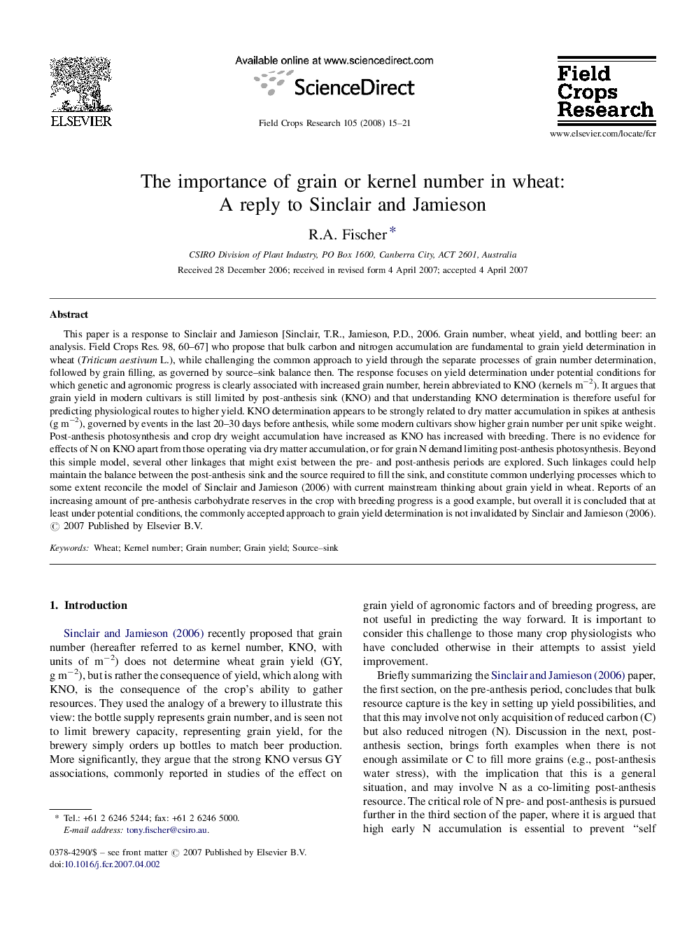 The importance of grain or kernel number in wheat: A reply to Sinclair and Jamieson