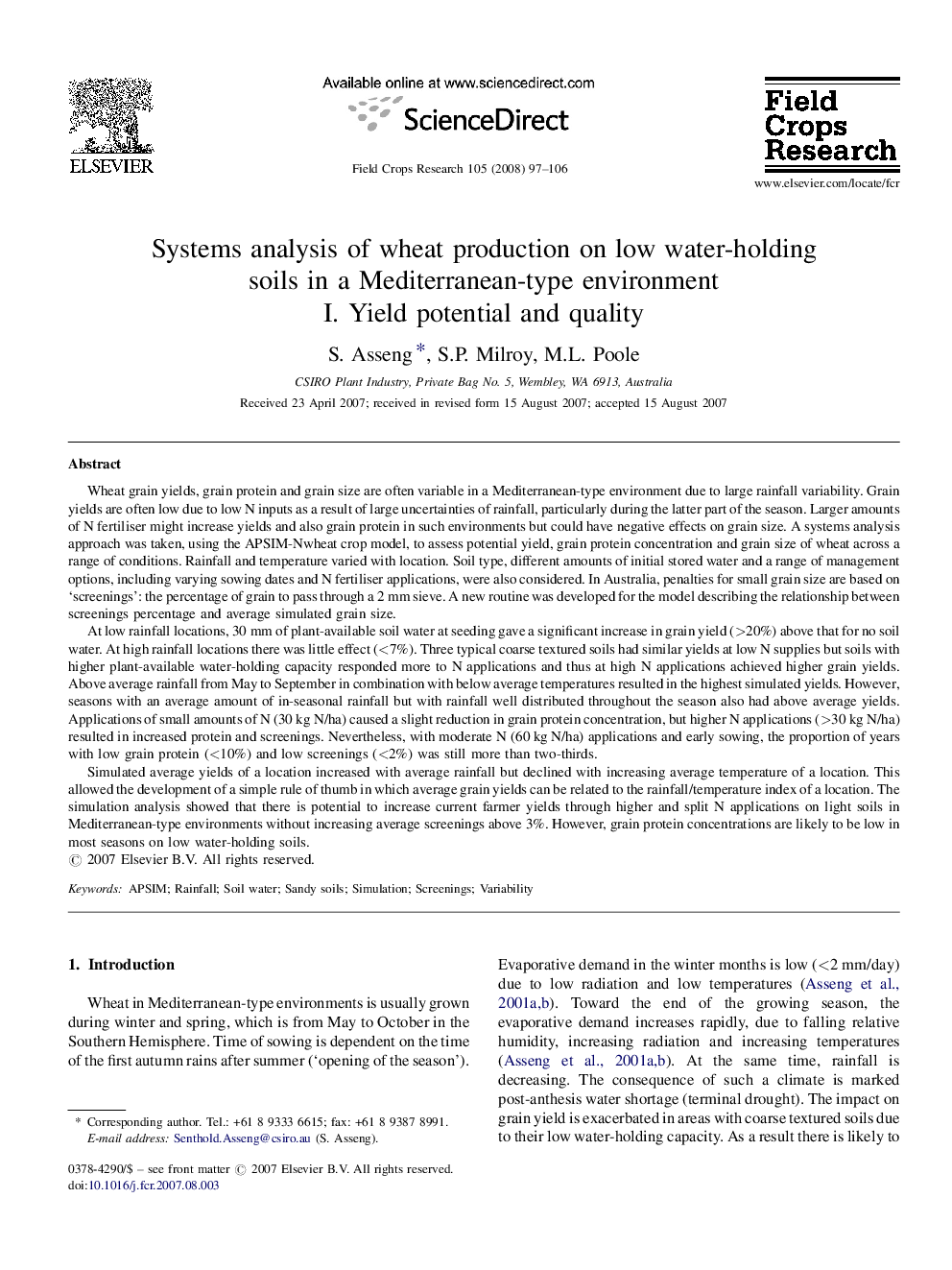 Systems analysis of wheat production on low water-holding soils in a Mediterranean-type environment