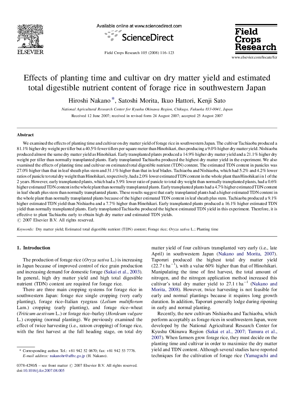 Effects of planting time and cultivar on dry matter yield and estimated total digestible nutrient content of forage rice in southwestern Japan