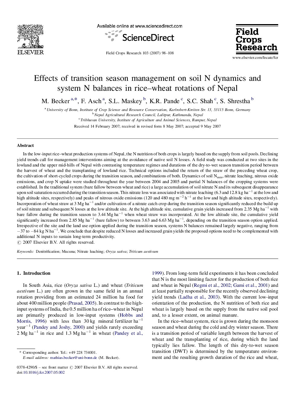 Effects of transition season management on soil N dynamics and system N balances in rice–wheat rotations of Nepal