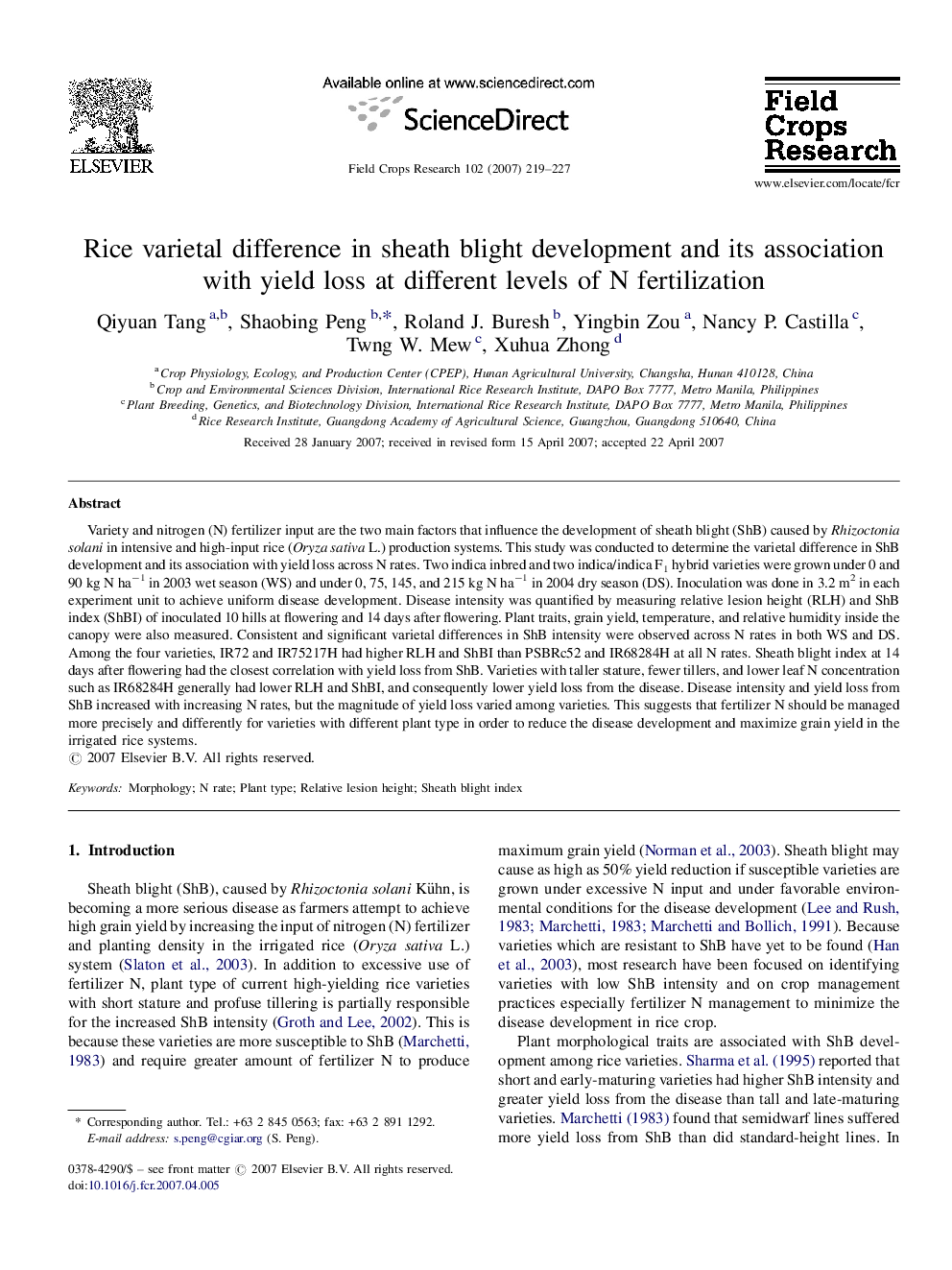 Rice varietal difference in sheath blight development and its association with yield loss at different levels of N fertilization