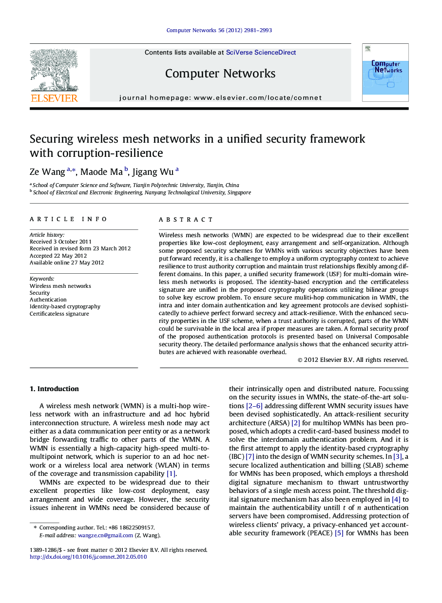 عکس صفحه اول مقاله: Securing wireless mesh networks in a unified security framework with corruption-resilience Securing wireless mesh networks in a unified security framework with corruption-resilience