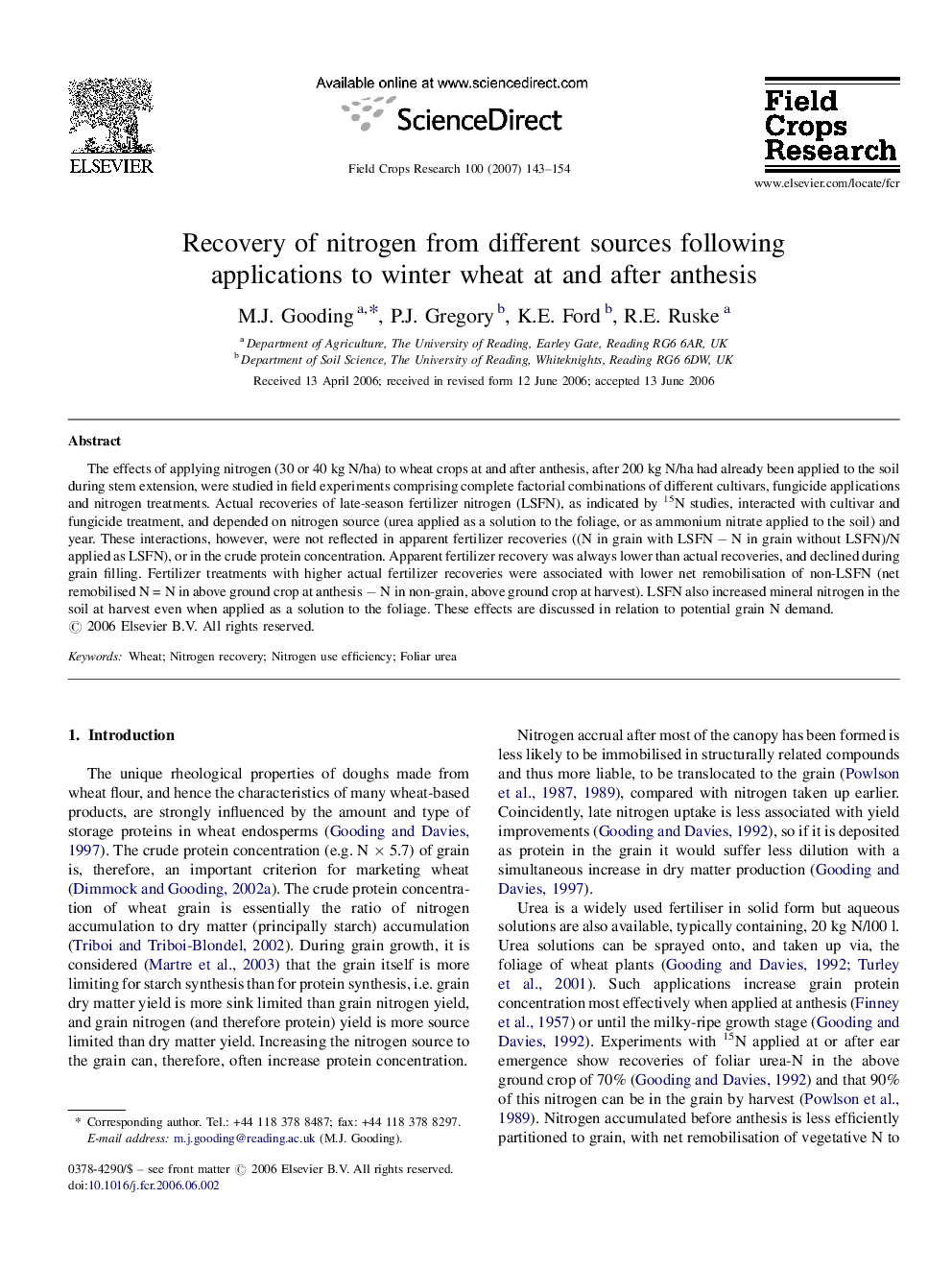 Recovery of nitrogen from different sources following applications to winter wheat at and after anthesis