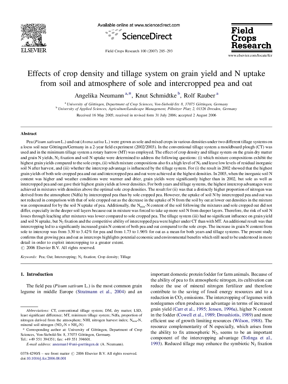 Effects of crop density and tillage system on grain yield and N uptake from soil and atmosphere of sole and intercropped pea and oat