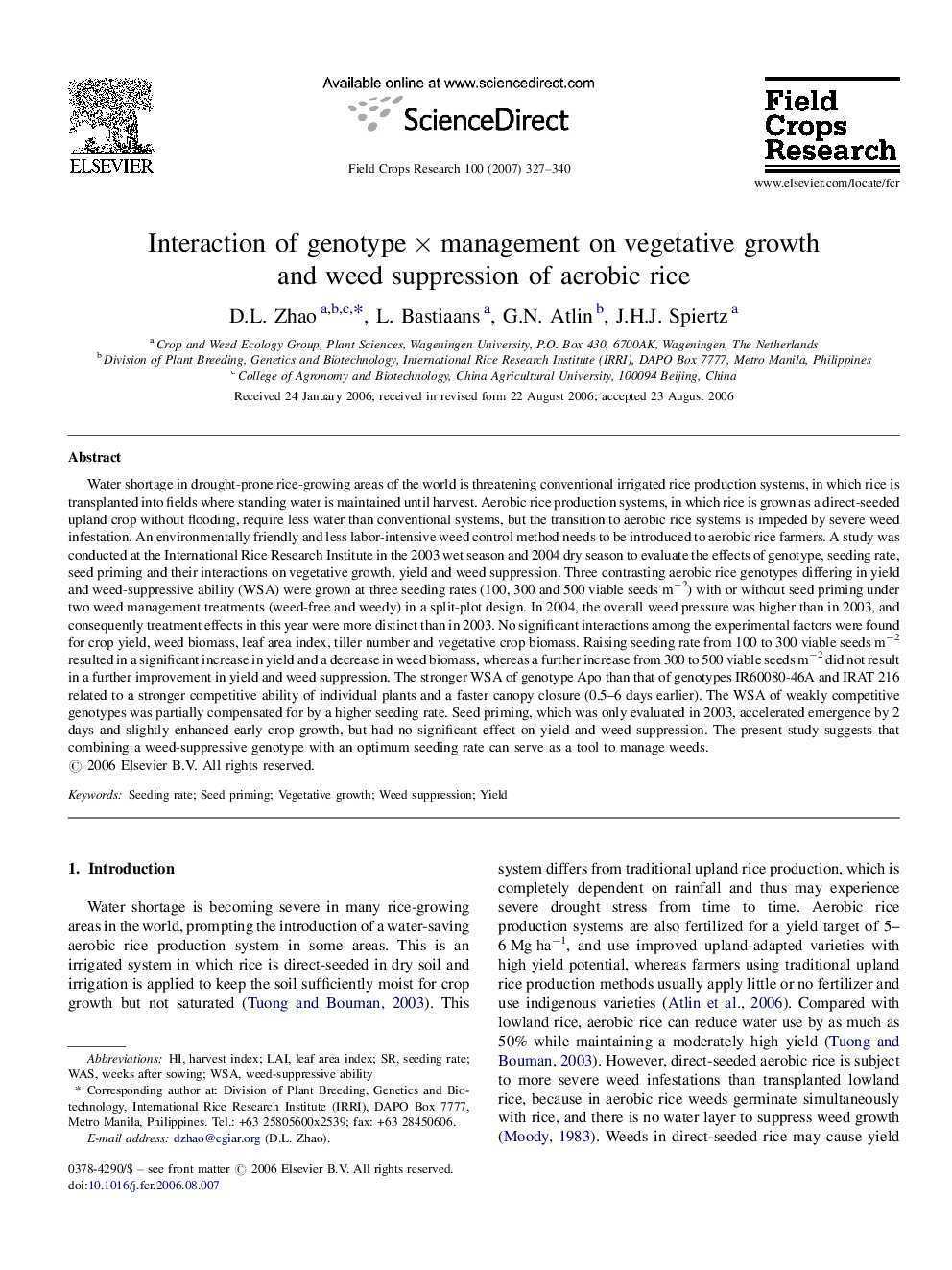 Interaction of genotypeÂ ÃÂ management on vegetative growth and weed suppression of aerobic rice