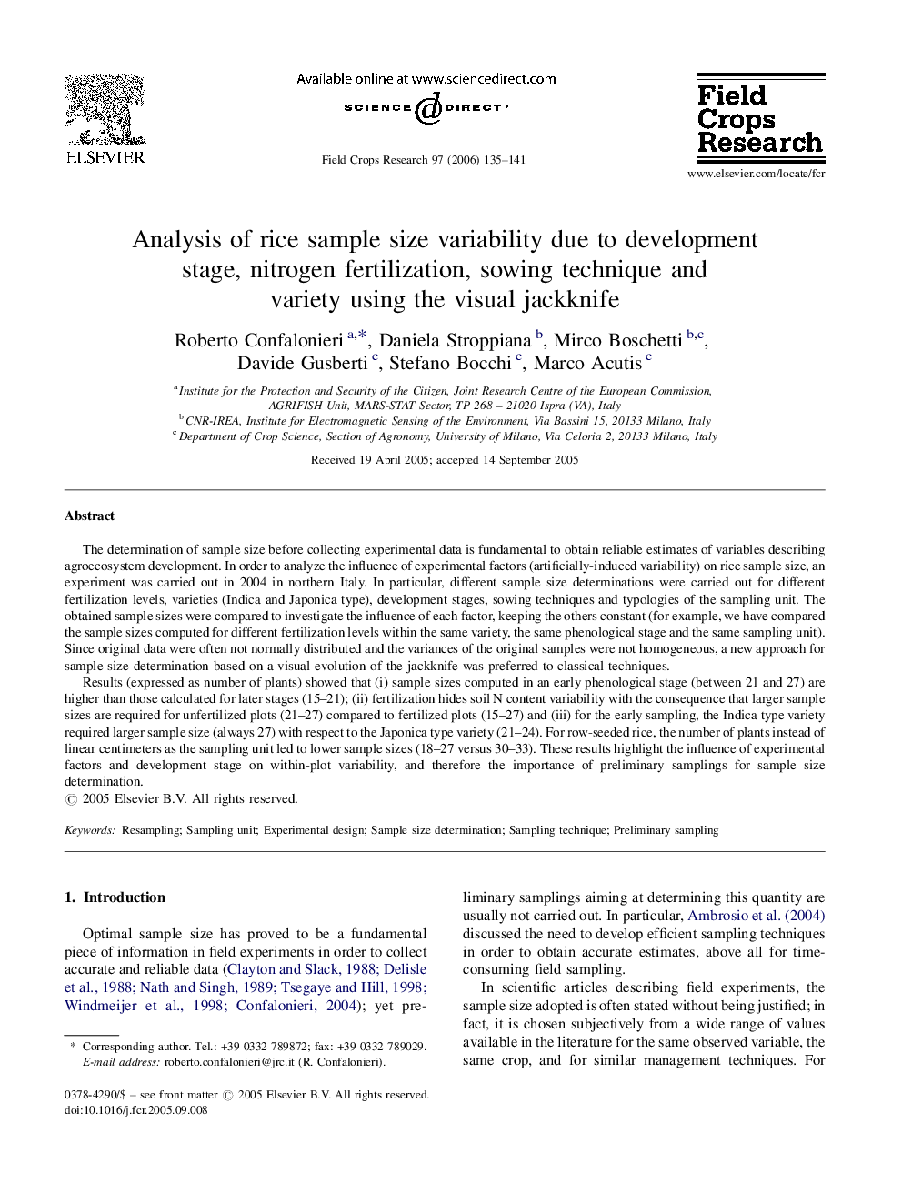 Analysis of rice sample size variability due to development stage, nitrogen fertilization, sowing technique and variety using the visual jackknife