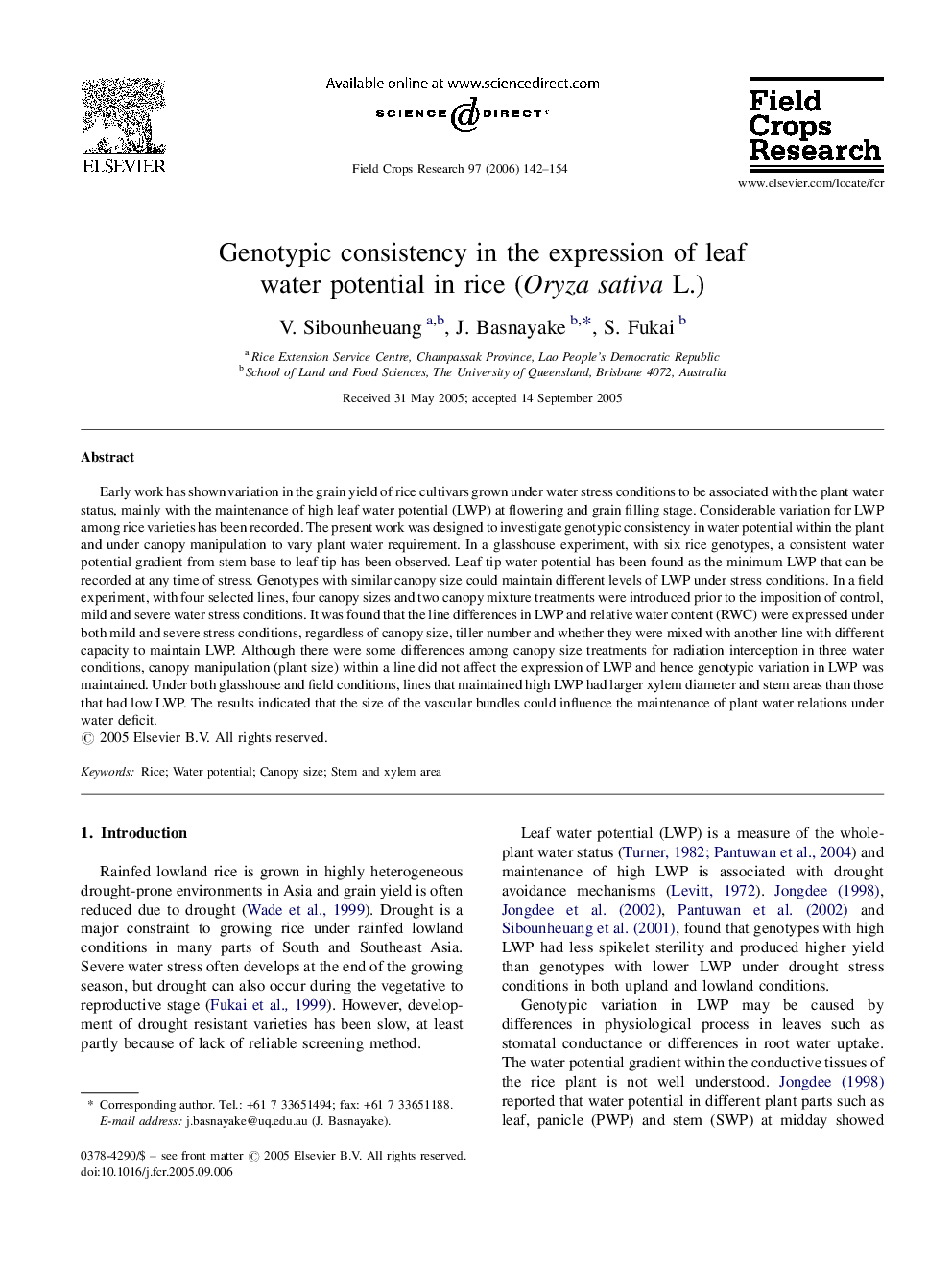 Genotypic consistency in the expression of leaf water potential in rice (Oryza sativa L.)