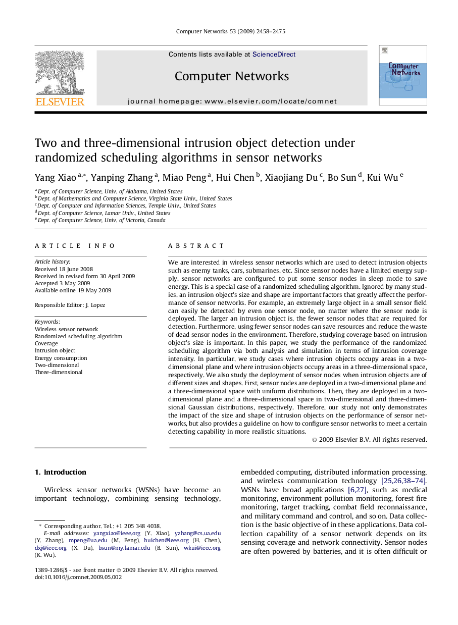 Two and three-dimensional intrusion object detection under randomized scheduling algorithms in sensor networks