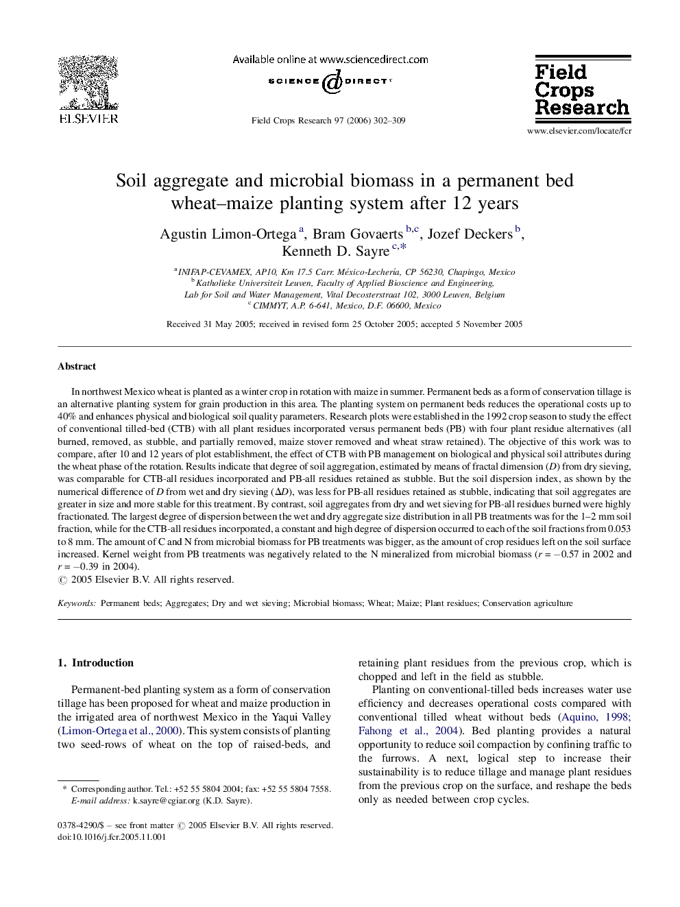 Soil aggregate and microbial biomass in a permanent bed wheat–maize planting system after 12 years