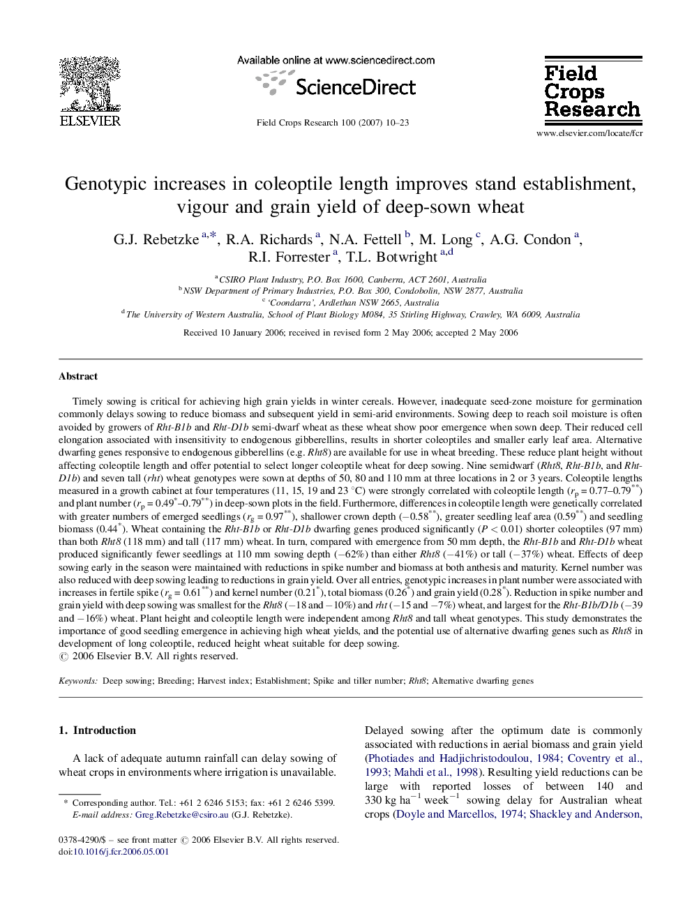 Genotypic increases in coleoptile length improves stand establishment, vigour and grain yield of deep-sown wheat