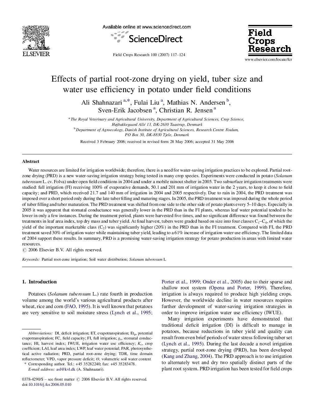 Effects of partial root-zone drying on yield, tuber size and water use efficiency in potato under field conditions