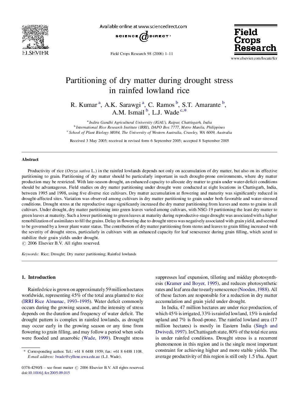 Partitioning of dry matter during drought stress in rainfed lowland rice