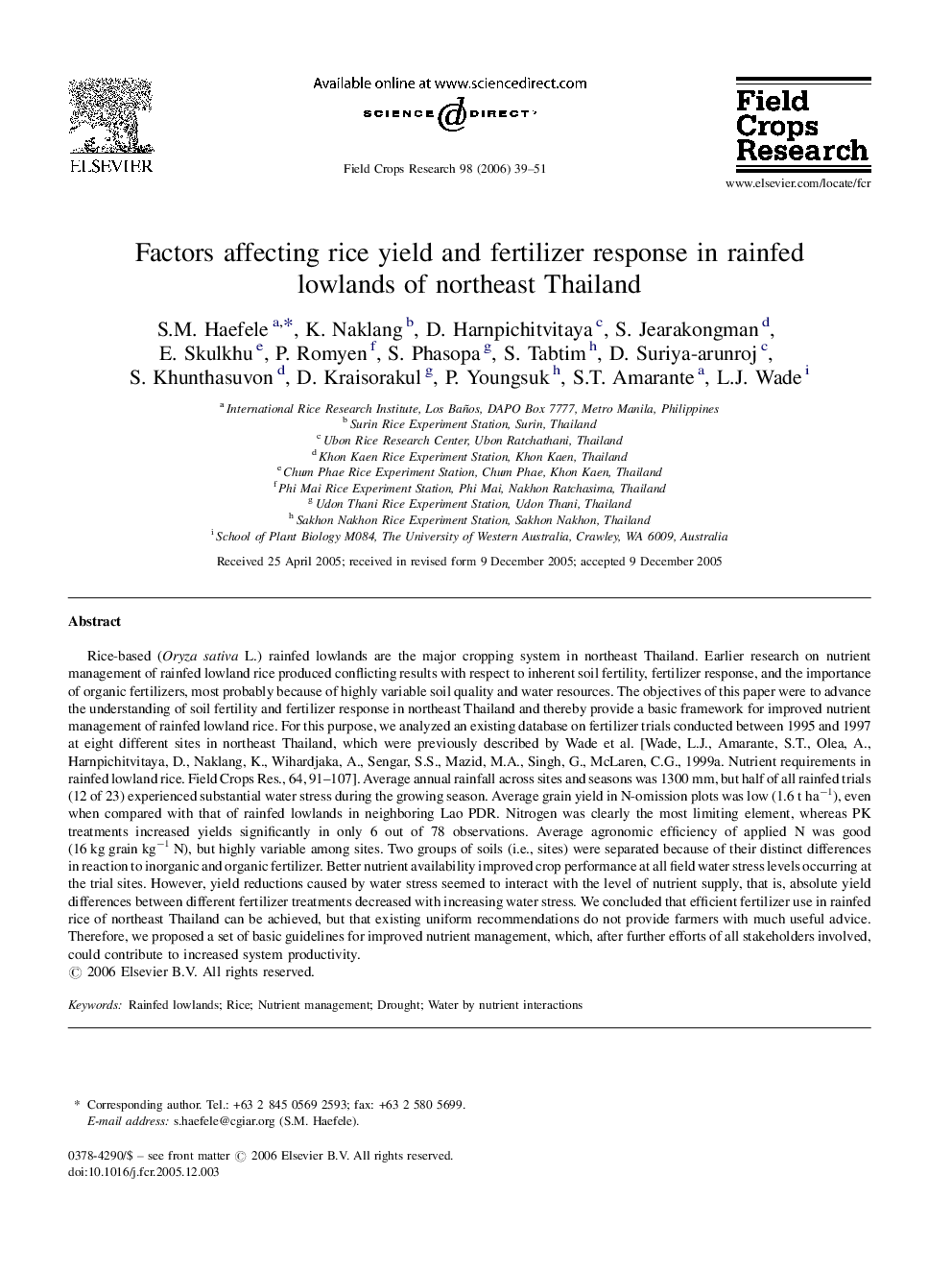 Factors affecting rice yield and fertilizer response in rainfed lowlands of northeast Thailand