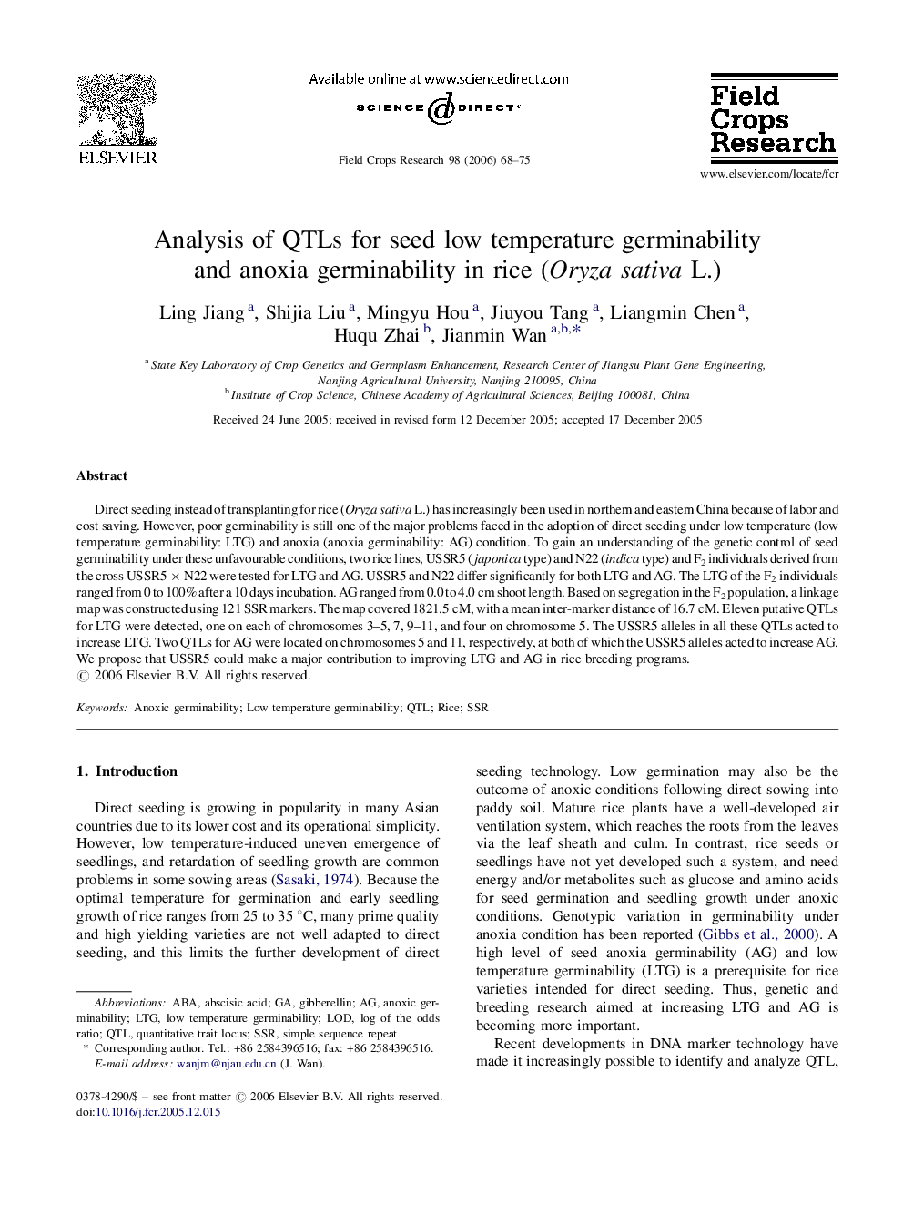 Analysis of QTLs for seed low temperature germinability and anoxia germinability in rice (Oryza sativa L.)