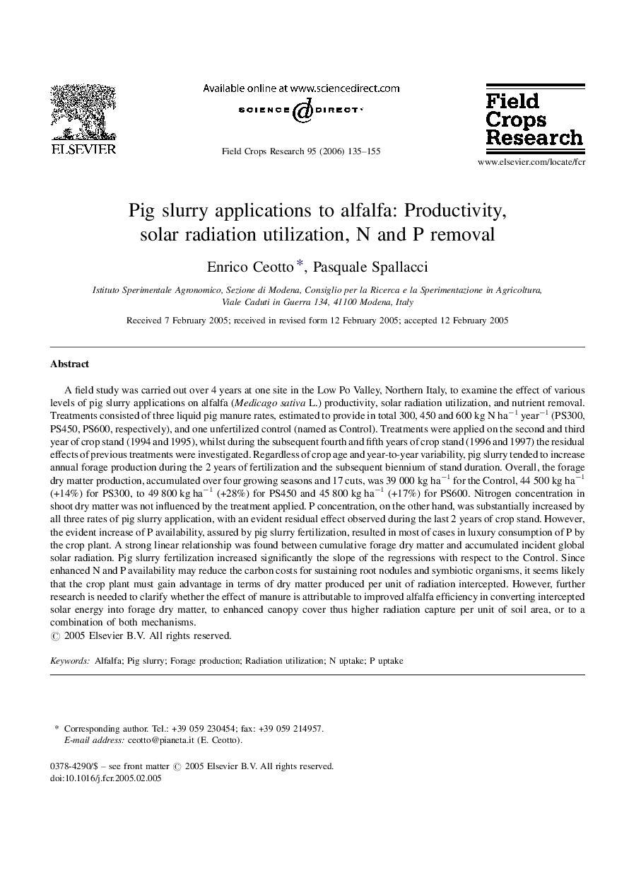 Pig slurry applications to alfalfa: Productivity, solar radiation utilization, N and P removal