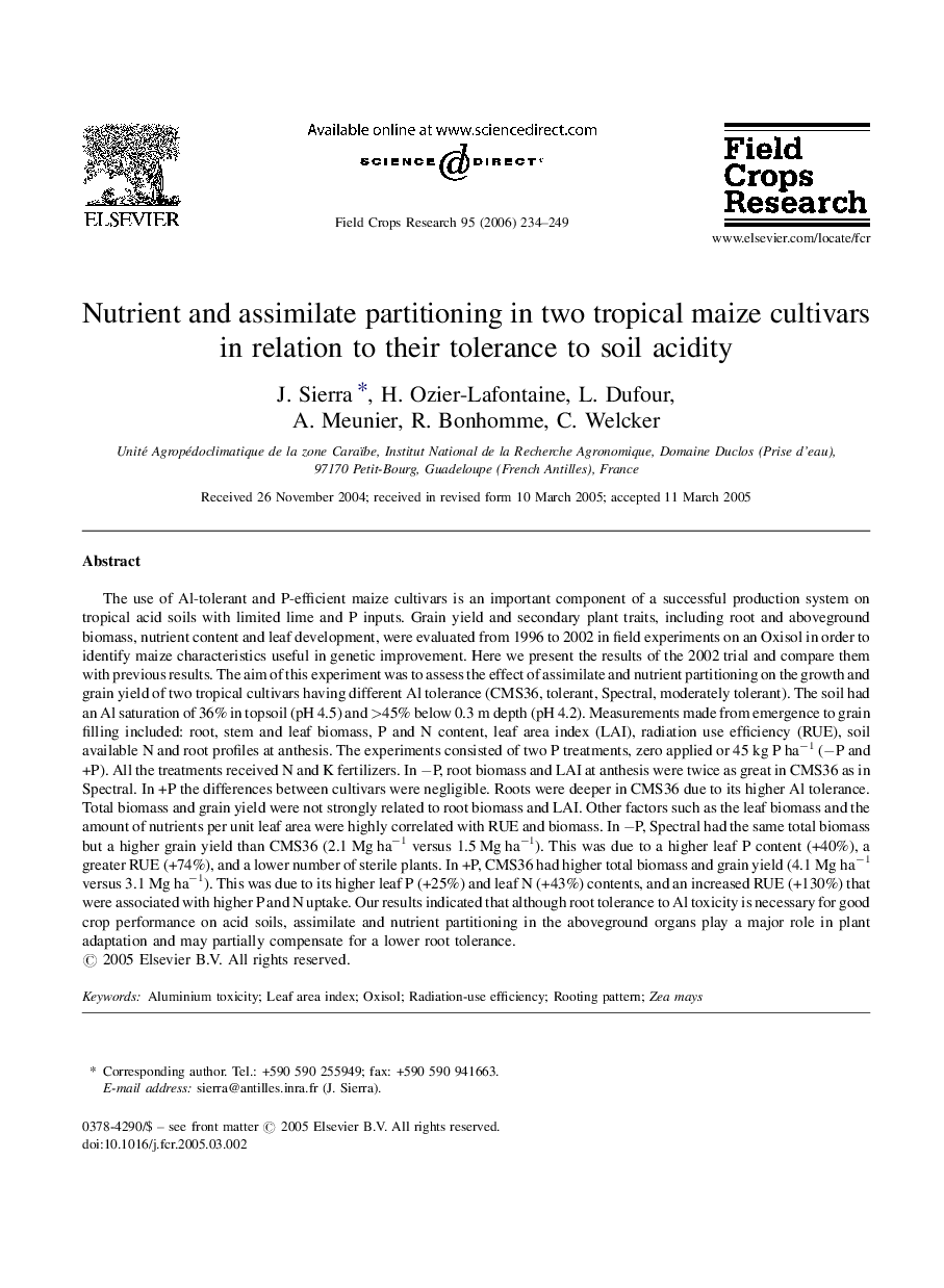 Nutrient and assimilate partitioning in two tropical maize cultivars in relation to their tolerance to soil acidity