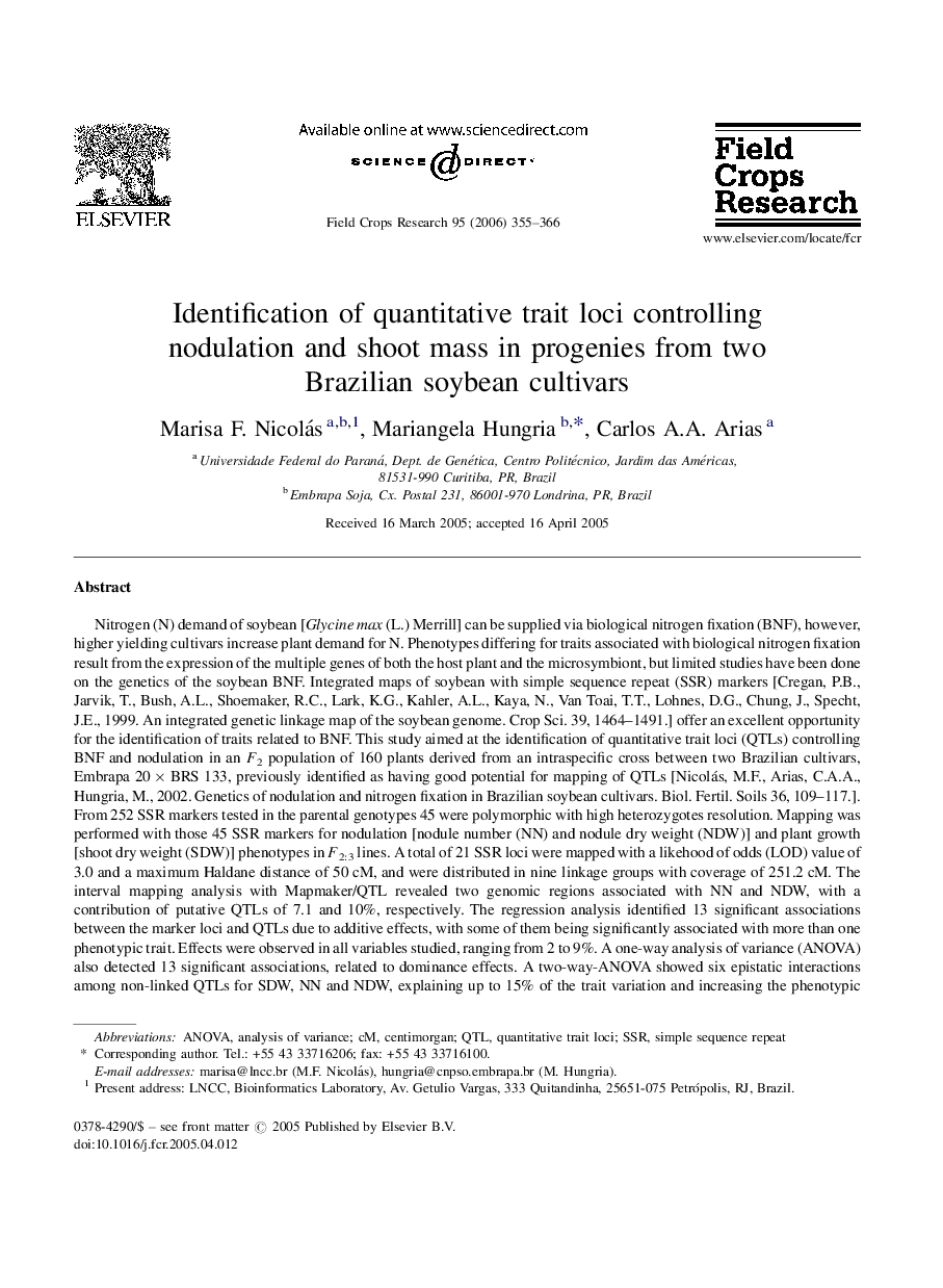 Identification of quantitative trait loci controlling nodulation and shoot mass in progenies from two Brazilian soybean cultivars