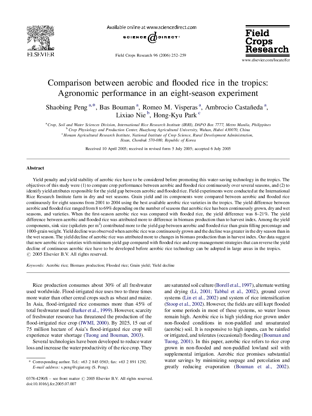 Comparison between aerobic and flooded rice in the tropics: Agronomic performance in an eight-season experiment