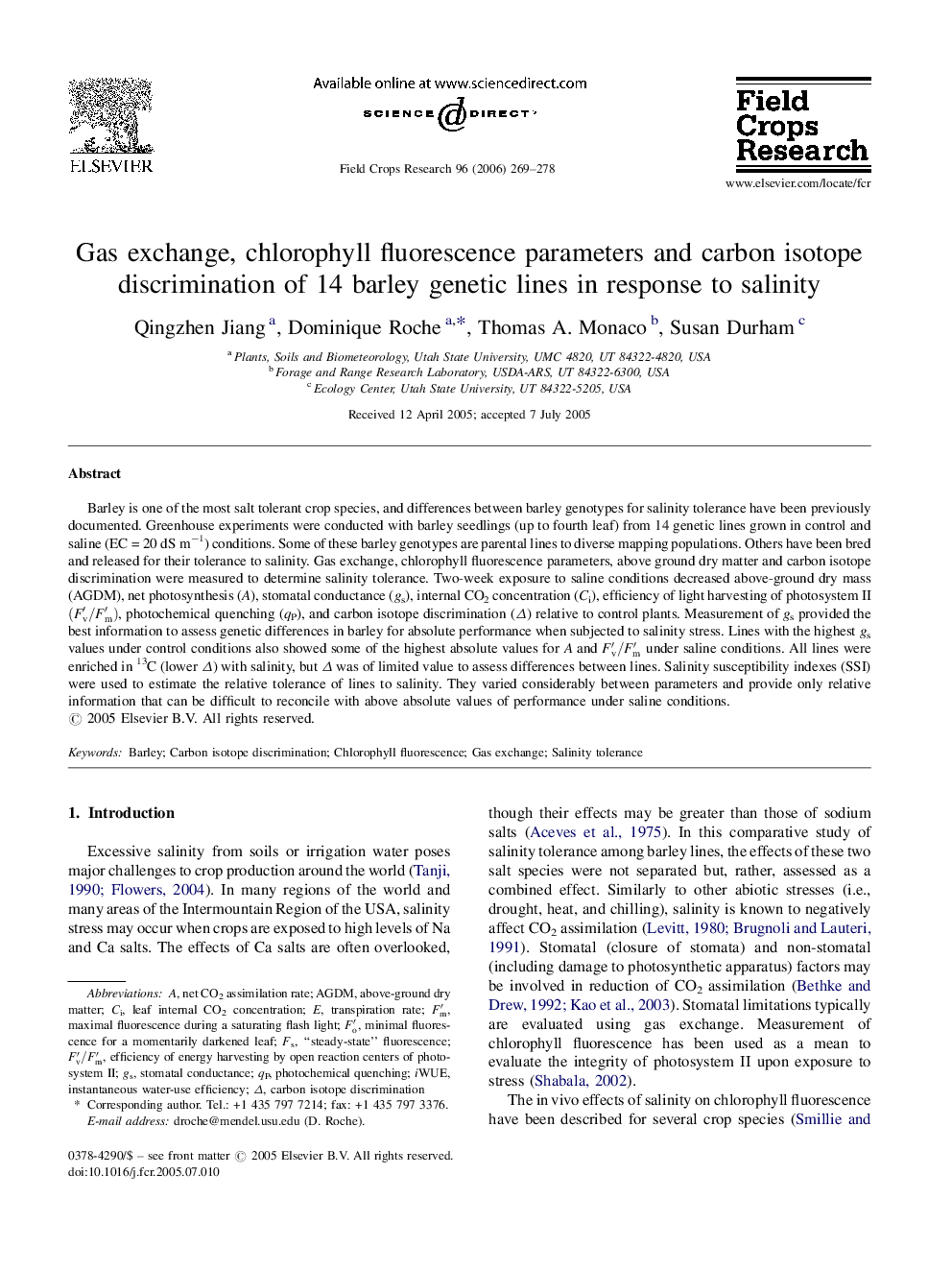 Gas exchange, chlorophyll fluorescence parameters and carbon isotope discrimination of 14 barley genetic lines in response to salinity