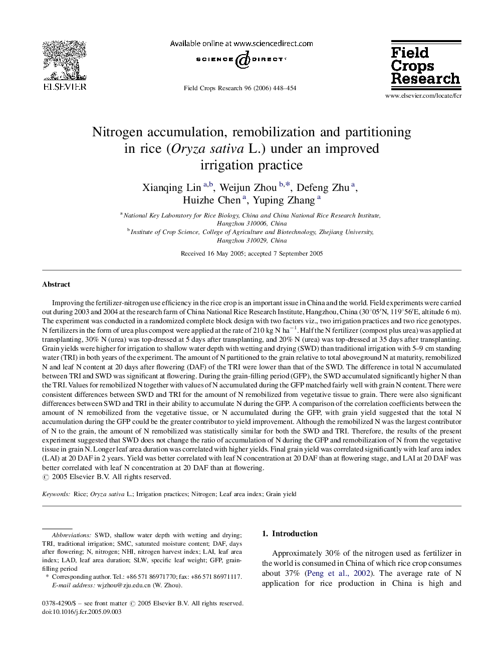 Nitrogen accumulation, remobilization and partitioning in rice (Oryza sativa L.) under an improved irrigation practice